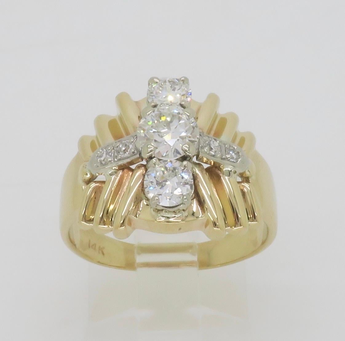 Women's or Men's Vintage Diamond Three Stone Cocktail Ring Made in 14k Yellow Gold  For Sale