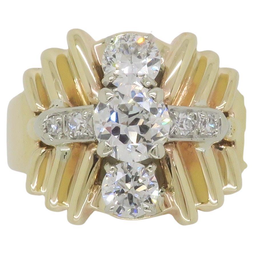 Vintage Diamond Three Stone Cocktail Ring Made in 14k Yellow Gold  For Sale