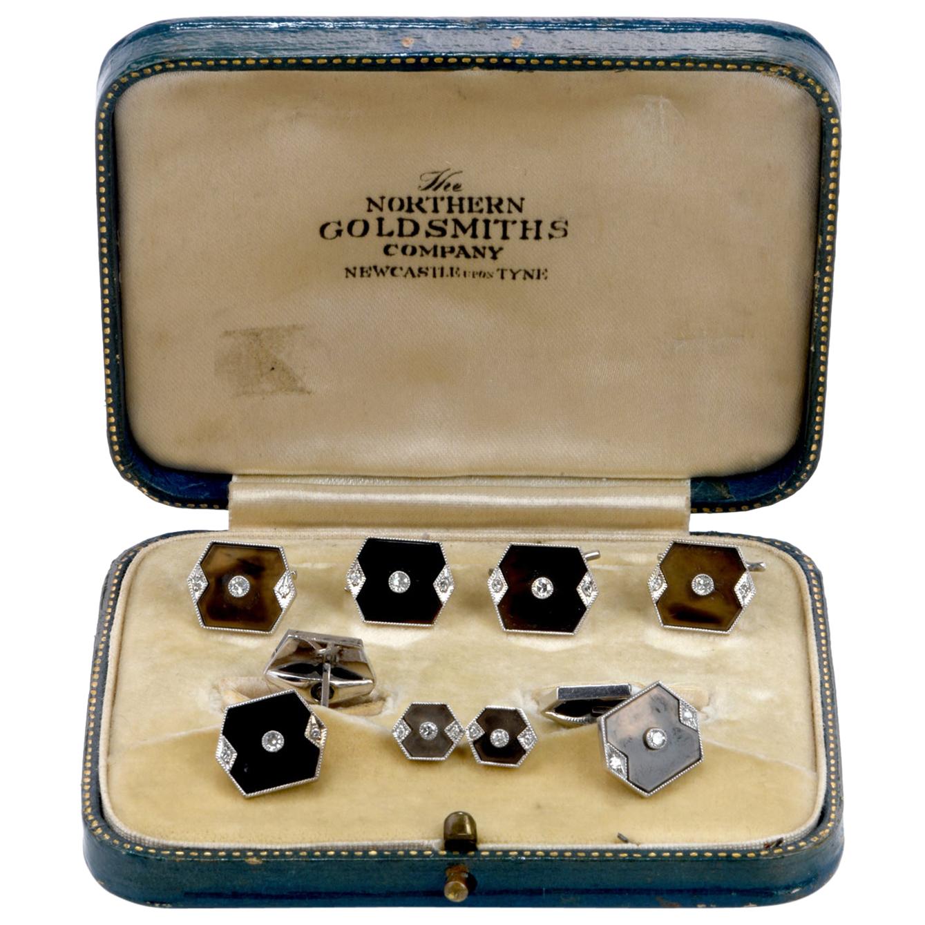 Vintage Diamond Tortoise Shell Tuxedo Cufflink Button Set