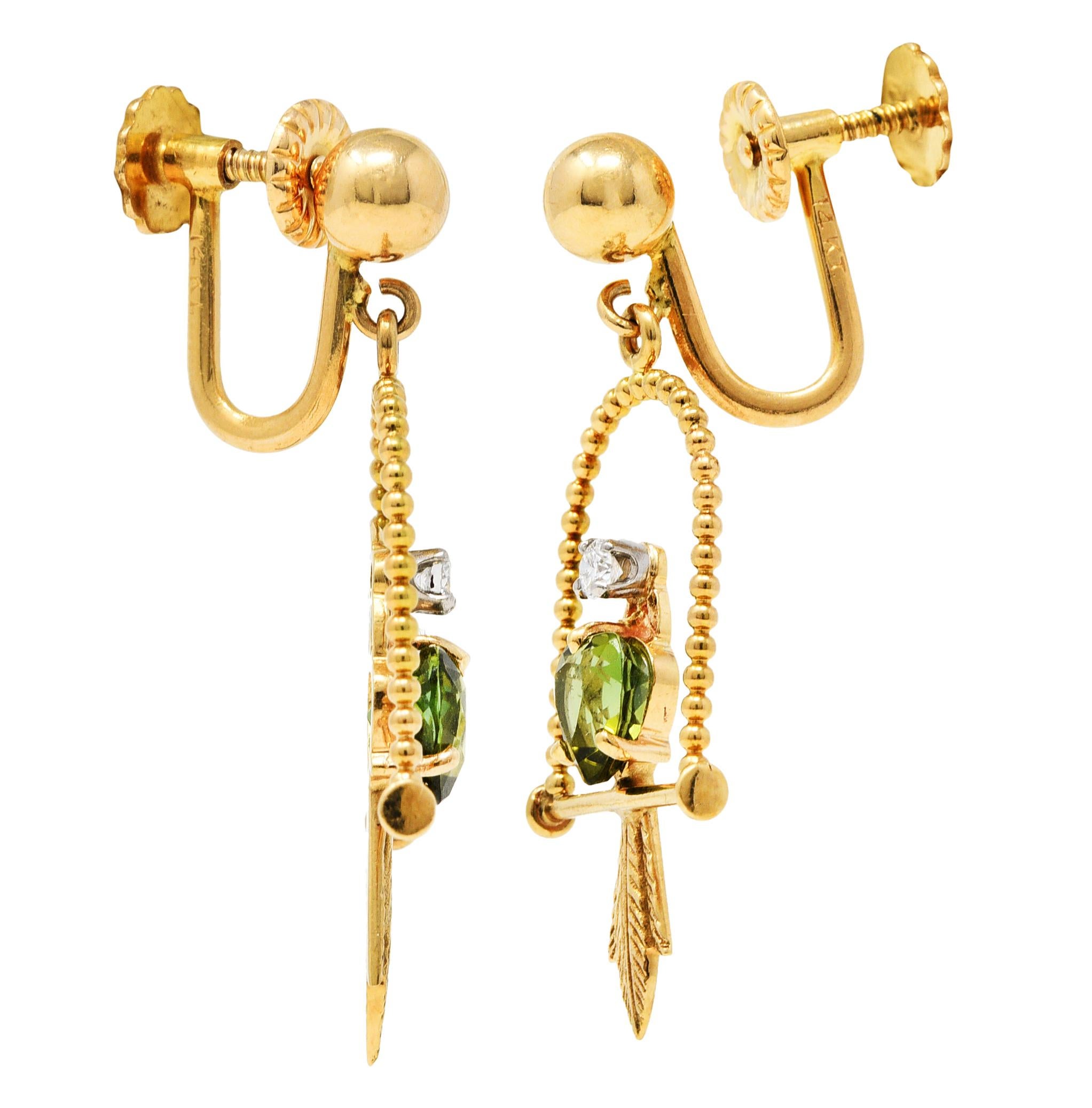 Brilliant Cut Vintage Diamond Tourmaline 14 Karat Yellow Gold Caged Bird Screwback Earrings