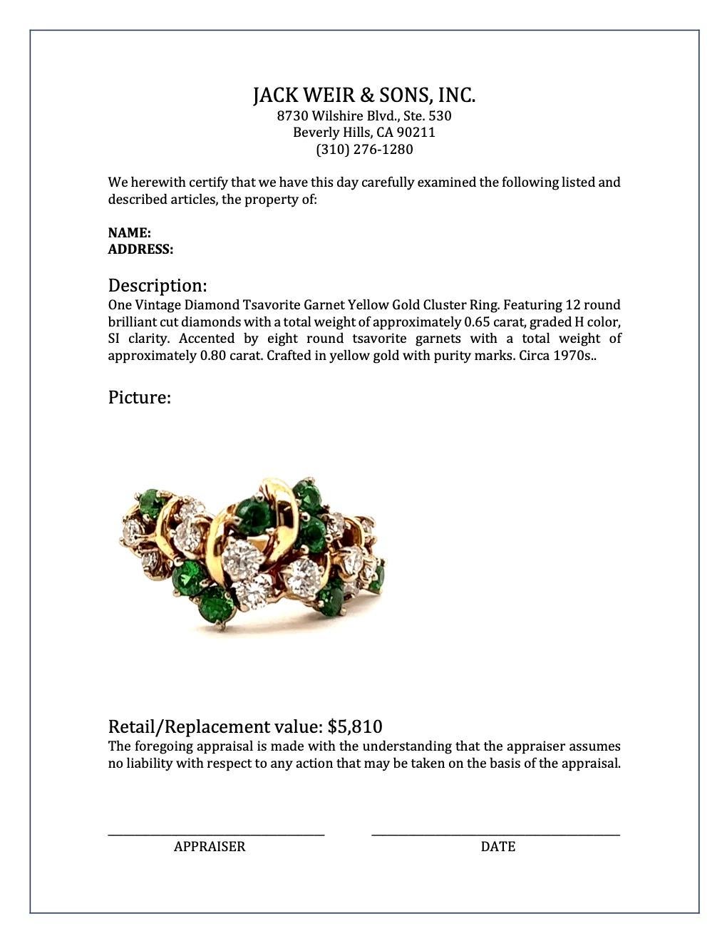 Vintage Diamond Tsavorite Garnet 14 Karat Yellow Gold Cluster Ring In Excellent Condition For Sale In Beverly Hills, CA