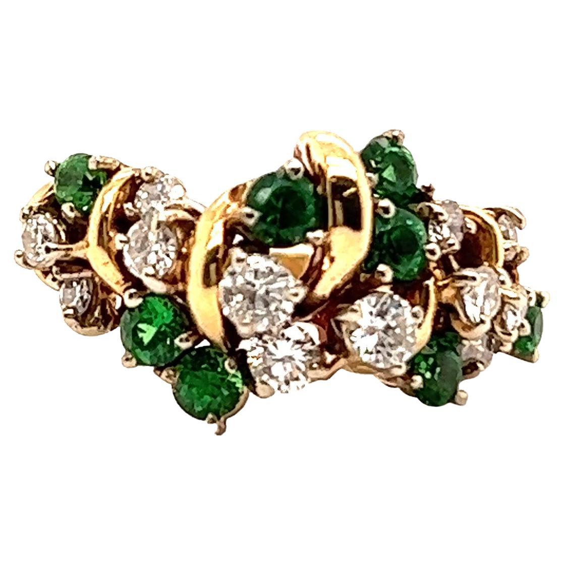 Bague grappe vintage en or jaune 14 carats avec diamants, tsavorites et grenats