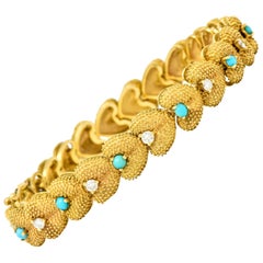 House of La Triomphe Diamond Turquoise 14 Karat Yellow Gold Heart Link Bracelet