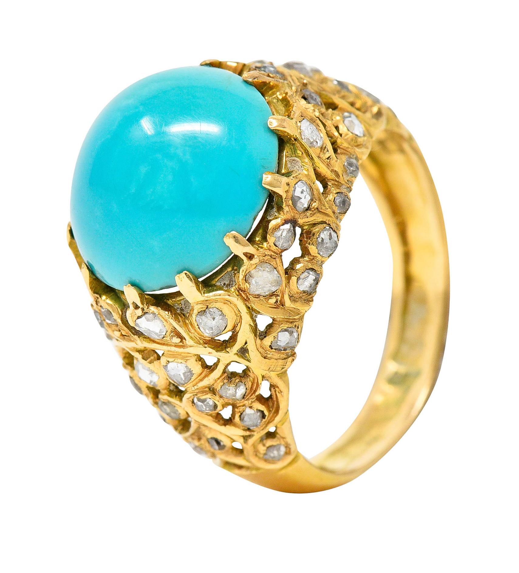 Vintage Diamond Turquoise 18 Karat Gold Bombe Cabochon Ring 4