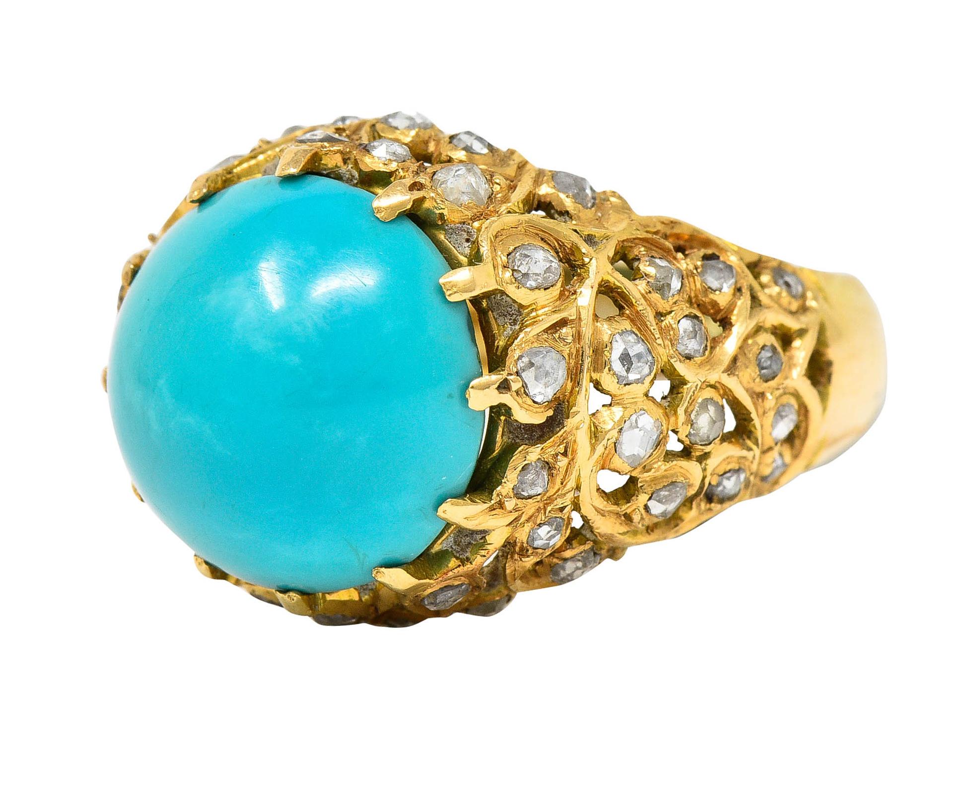 Vintage Diamond Turquoise 18 Karat Gold Bombe Cabochon Ring In Excellent Condition In Philadelphia, PA