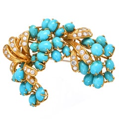 Vintage Diamond Turquoise 18K Gold Grape Vine Motif Brooch