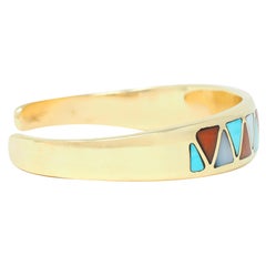 Vintage Diamond Turquoise Carnelian Mother-Of-Pearl 14K Gold Inlay Cuff Bracelet