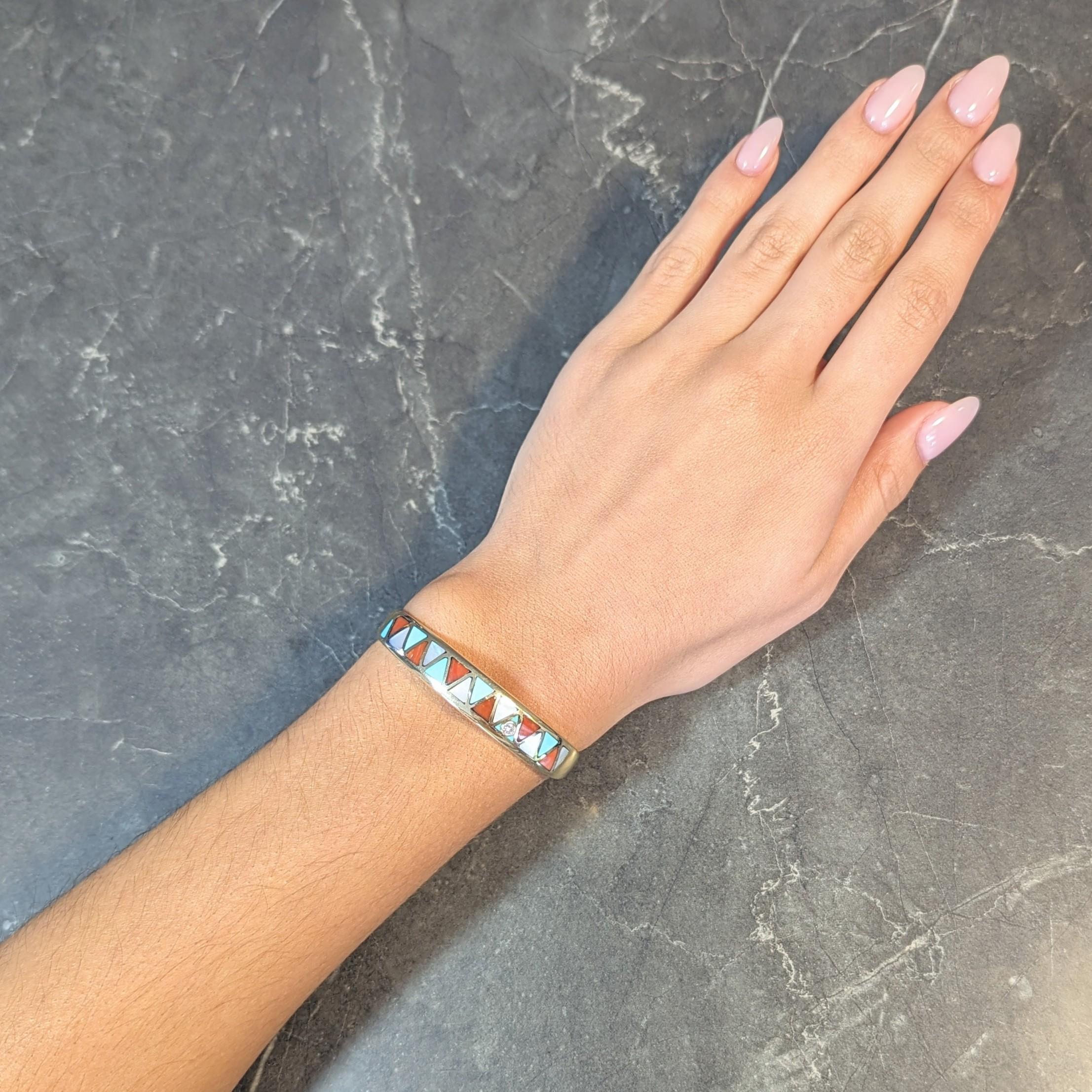 Round Cut Vintage Diamond Turquoise Carnelian Mother-Of-Pearl 14K Gold Inlay Cuff Bracelet