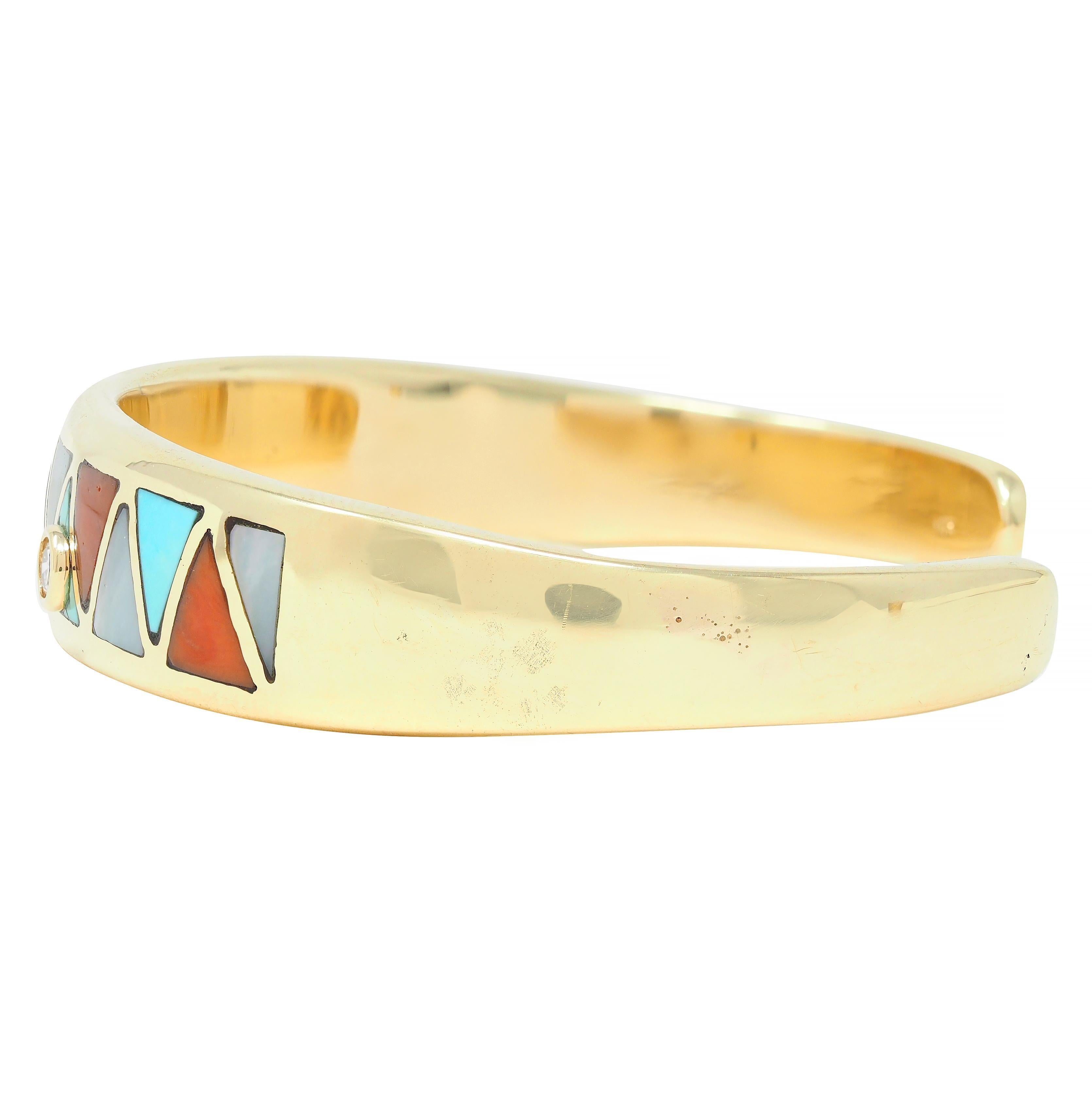 Women's or Men's Vintage Diamond Turquoise Carnelian Mother-Of-Pearl 14K Gold Inlay Cuff Bracelet