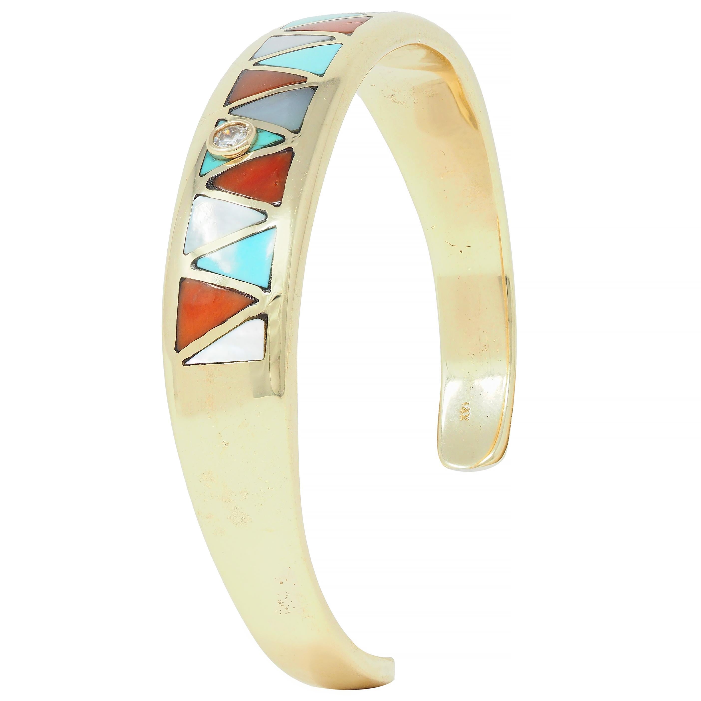 Vintage Diamond Turquoise Carnelian Mother-Of-Pearl 14K Gold Inlay Cuff Bracelet 1