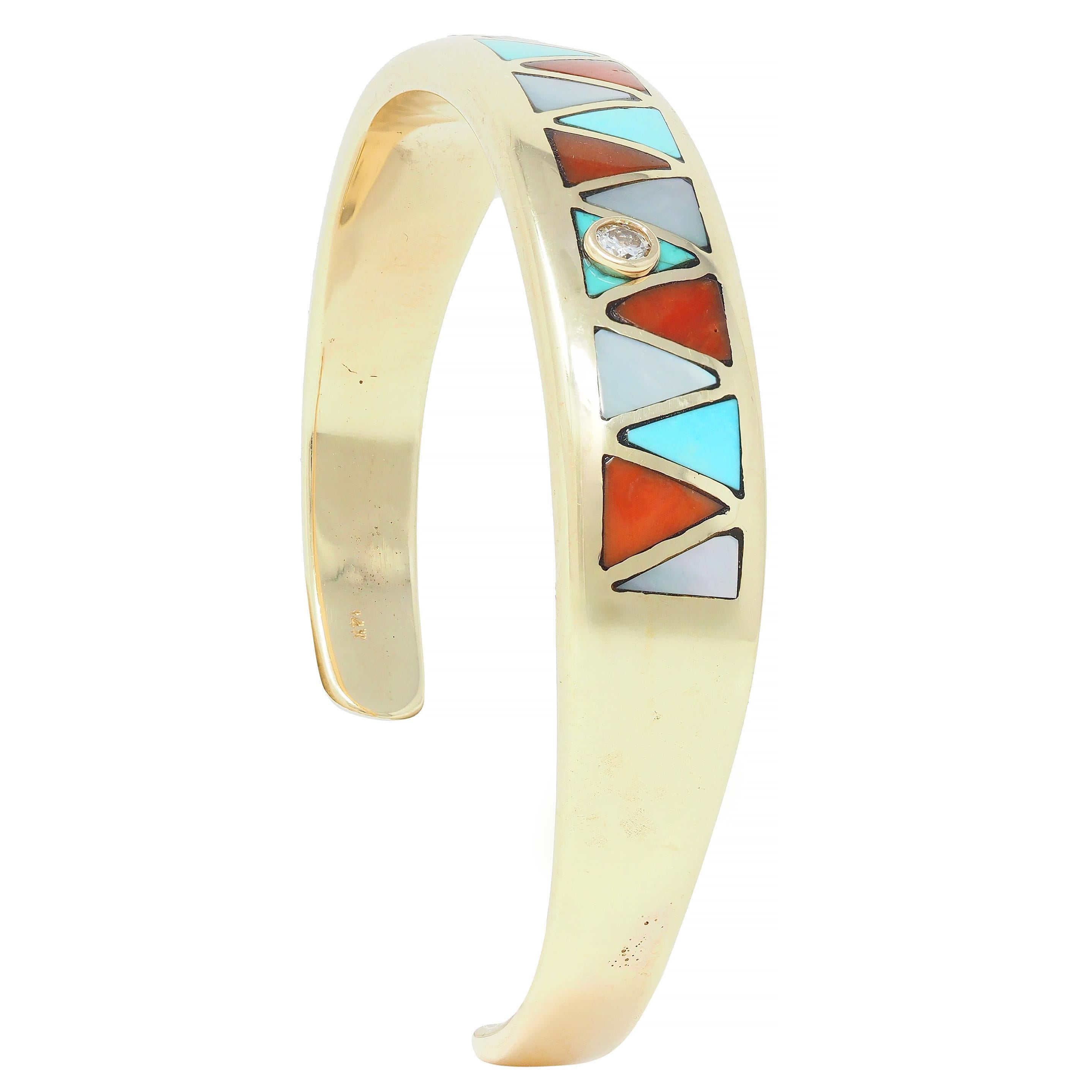Vintage Diamond Turquoise Carnelian Mother-Of-Pearl 14K Gold Inlay Cuff Bracelet 3