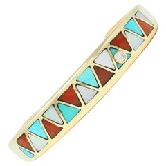 Vintage Diamond Turquoise Carnelian Mother-Of-Pearl 14K Gold Inlay Cuff Bracelet