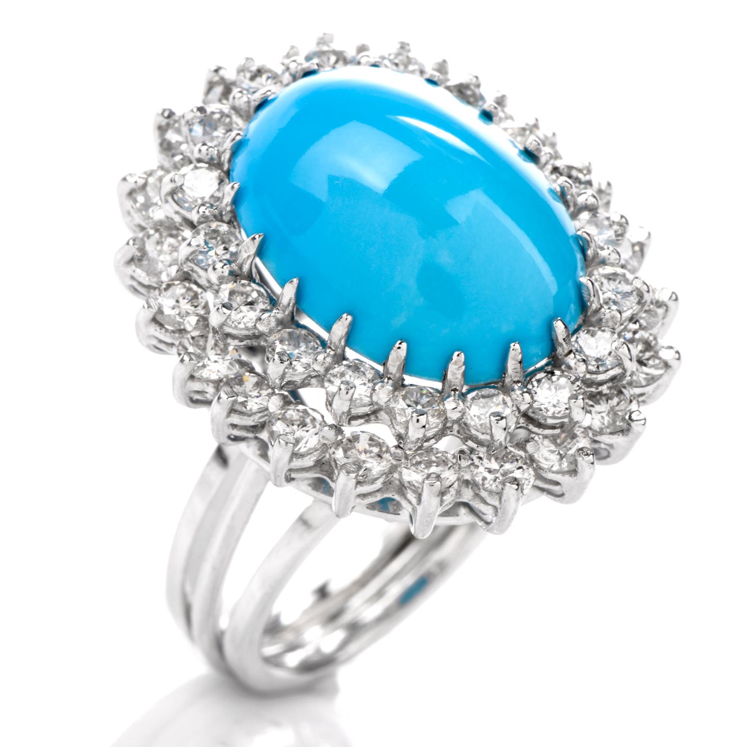 Vintage Diamond Turquoise Platinum Double Halo Ring In Excellent Condition In Miami, FL