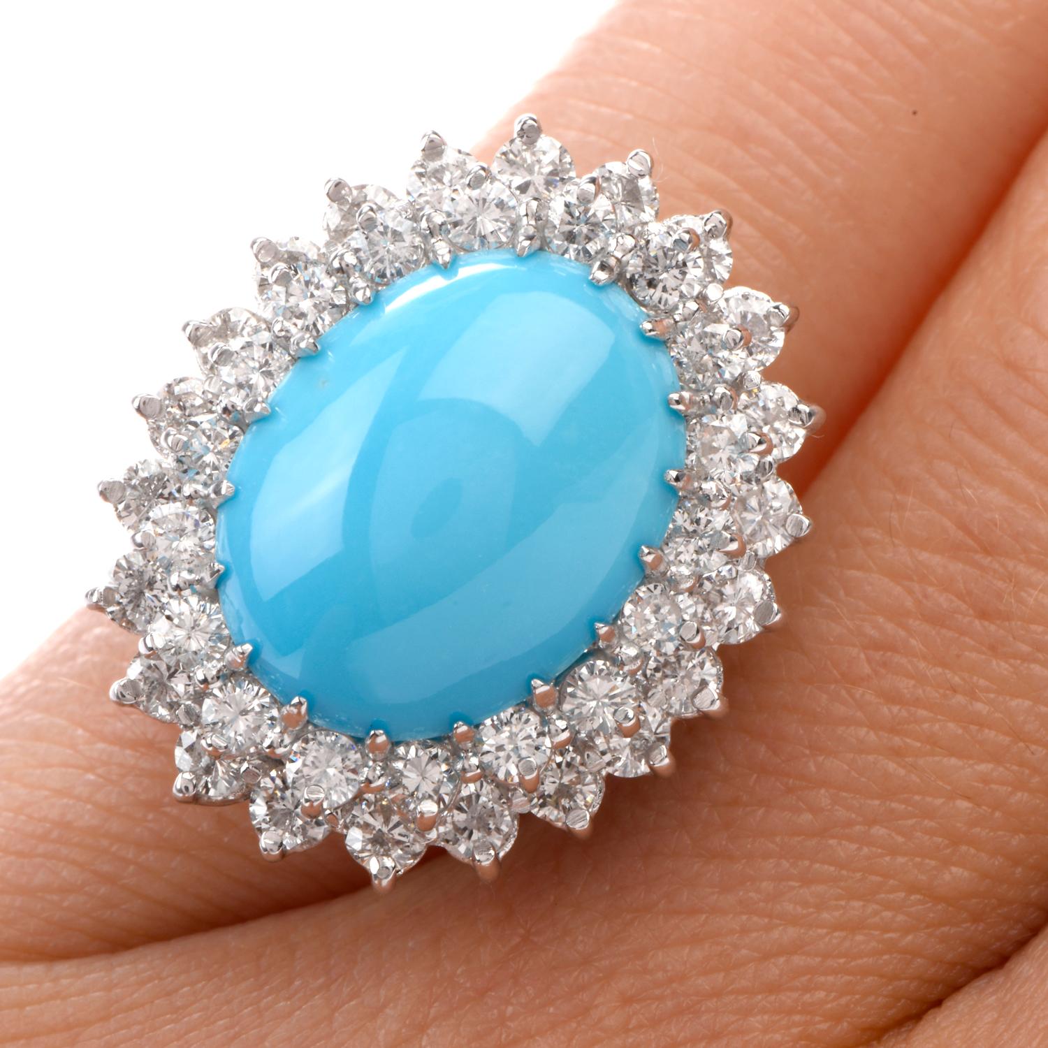 Women's Vintage Diamond Turquoise Platinum Double Halo Ring