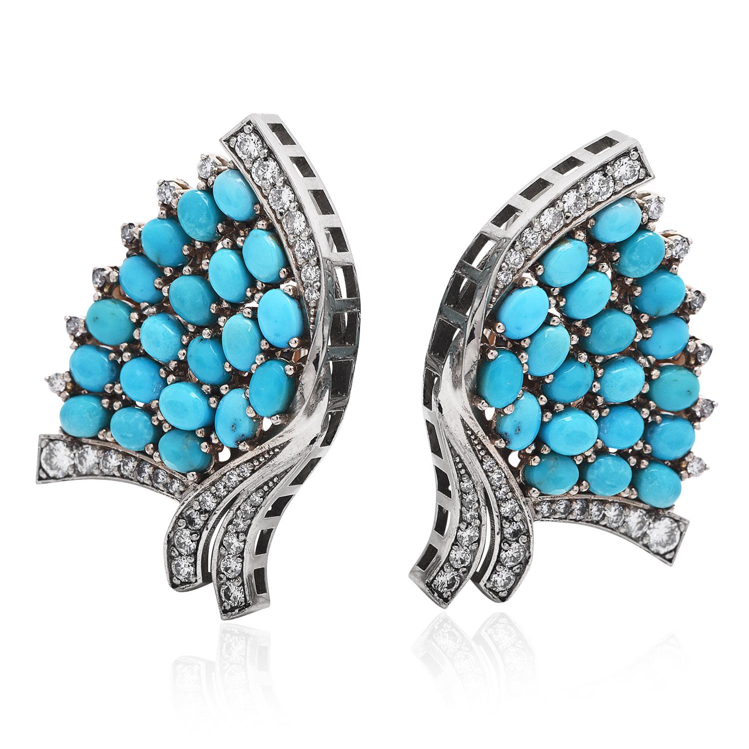 This Exquisite Vintage Flutter & Fan Design turquoise earrings with Clip On Earrings, 

Crafted in 14K White Gold.

Complimenting the center cluster, there are (40) Oval cabochon cut, genuine Turquoise, pave prong sets, weighing in a total of