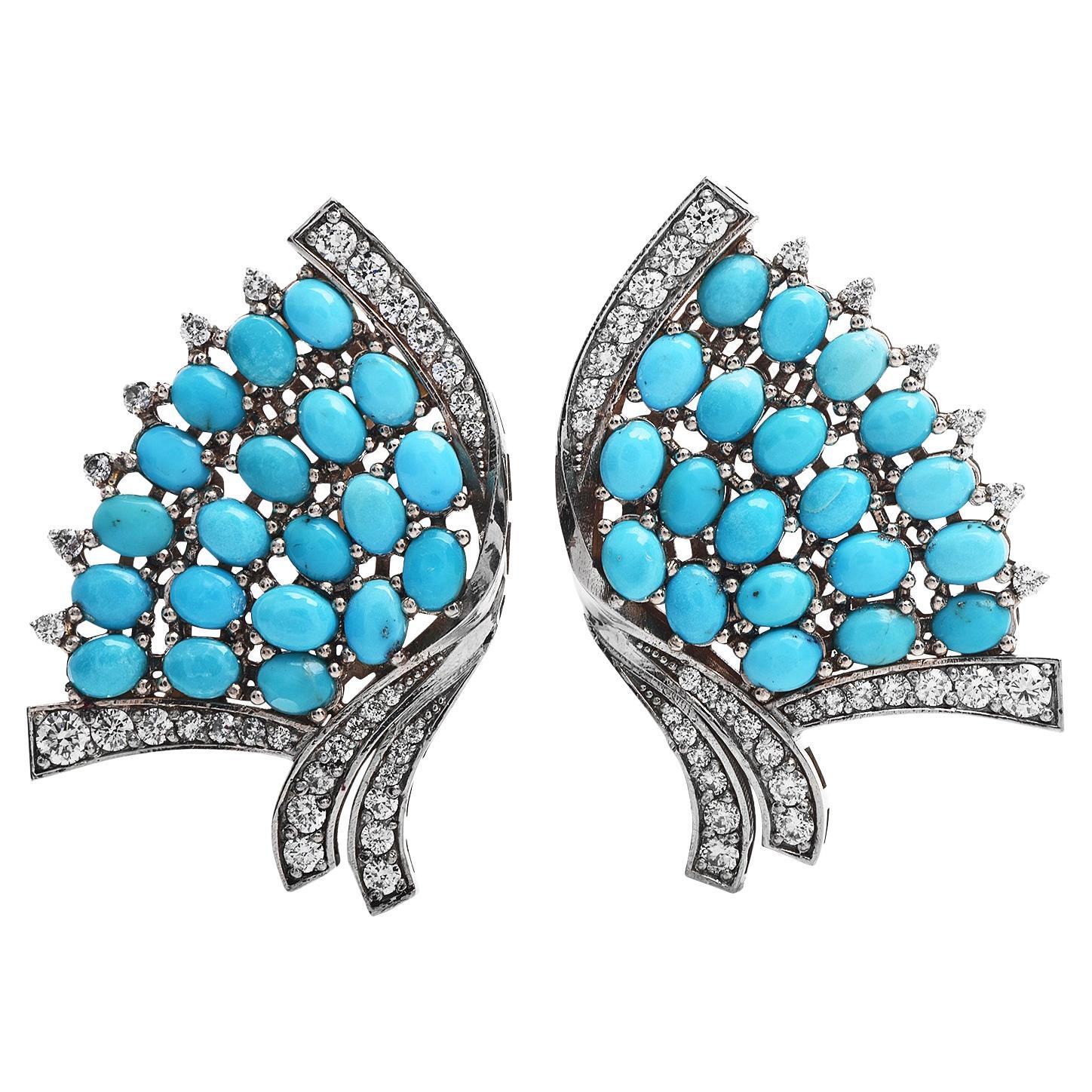 Vintage Diamond Turquoise White Gold Flutter Fan Clip on Earrings For Sale