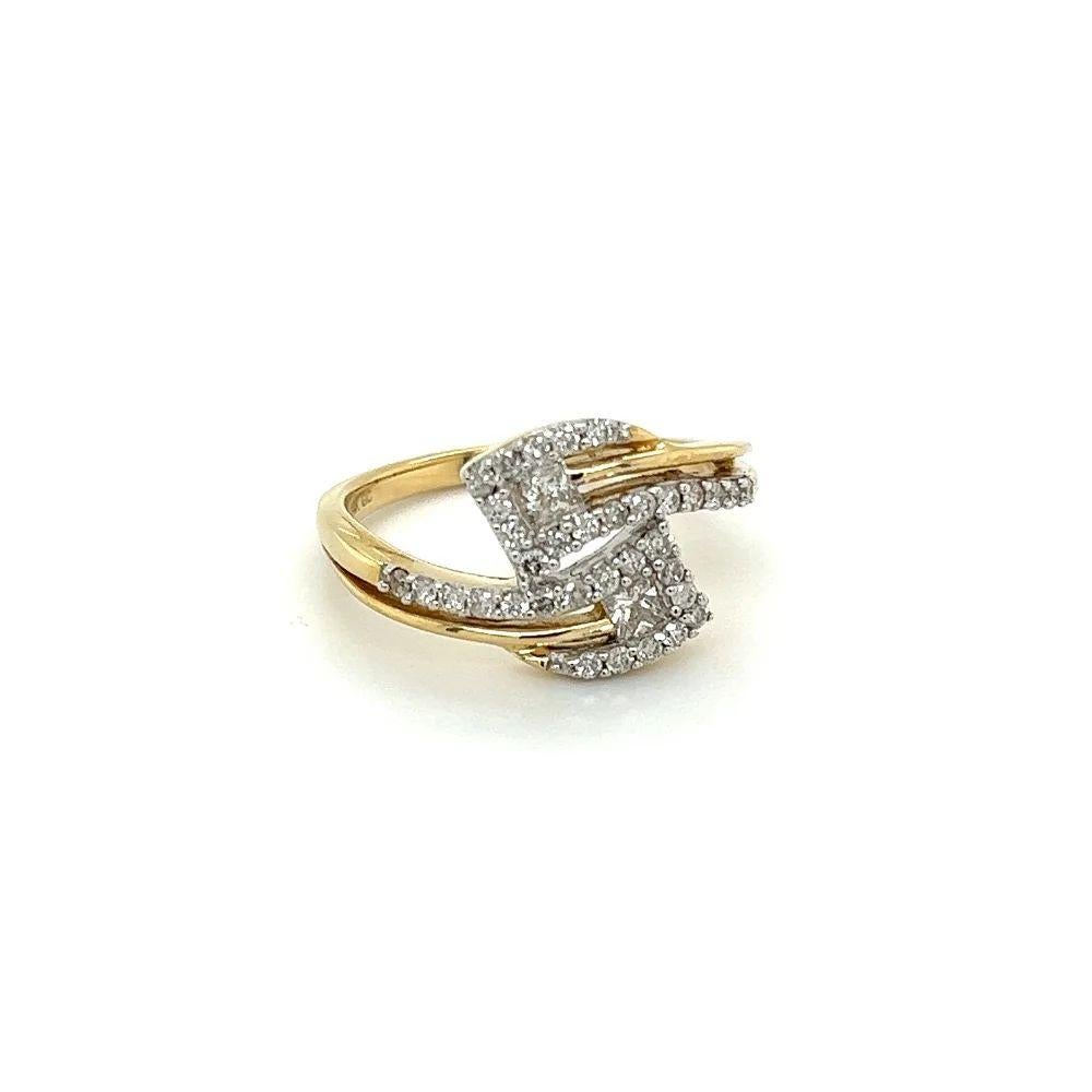 Simply Beautiful! Vintage 'Toi et Moi' Crossover Bypass Diamond Gold Ring. Hand set with 0.30tcw Princess and 0.32tcw Round Diamonds. Hand crafted 14K Yellow Gold mounting. Ring size: 7, we offer ring resizing. More Beautiful in Real time! Ideal