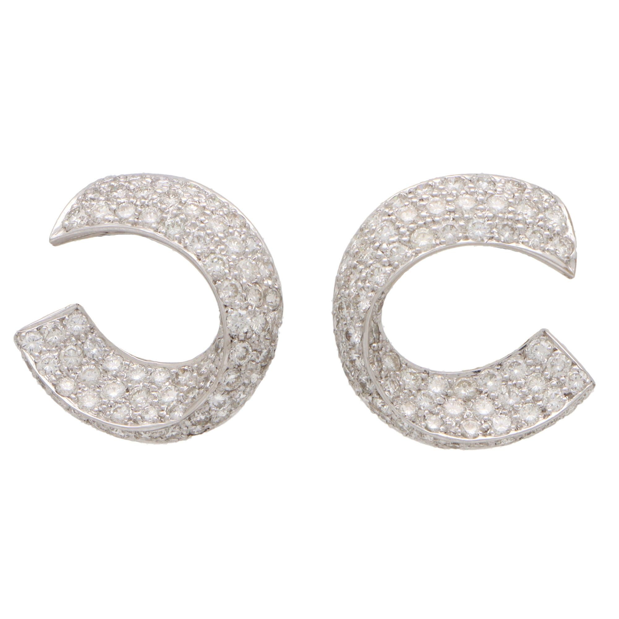 Modern Vintage Diamond Twisted Clip on Hoops in 18k White Gold For Sale