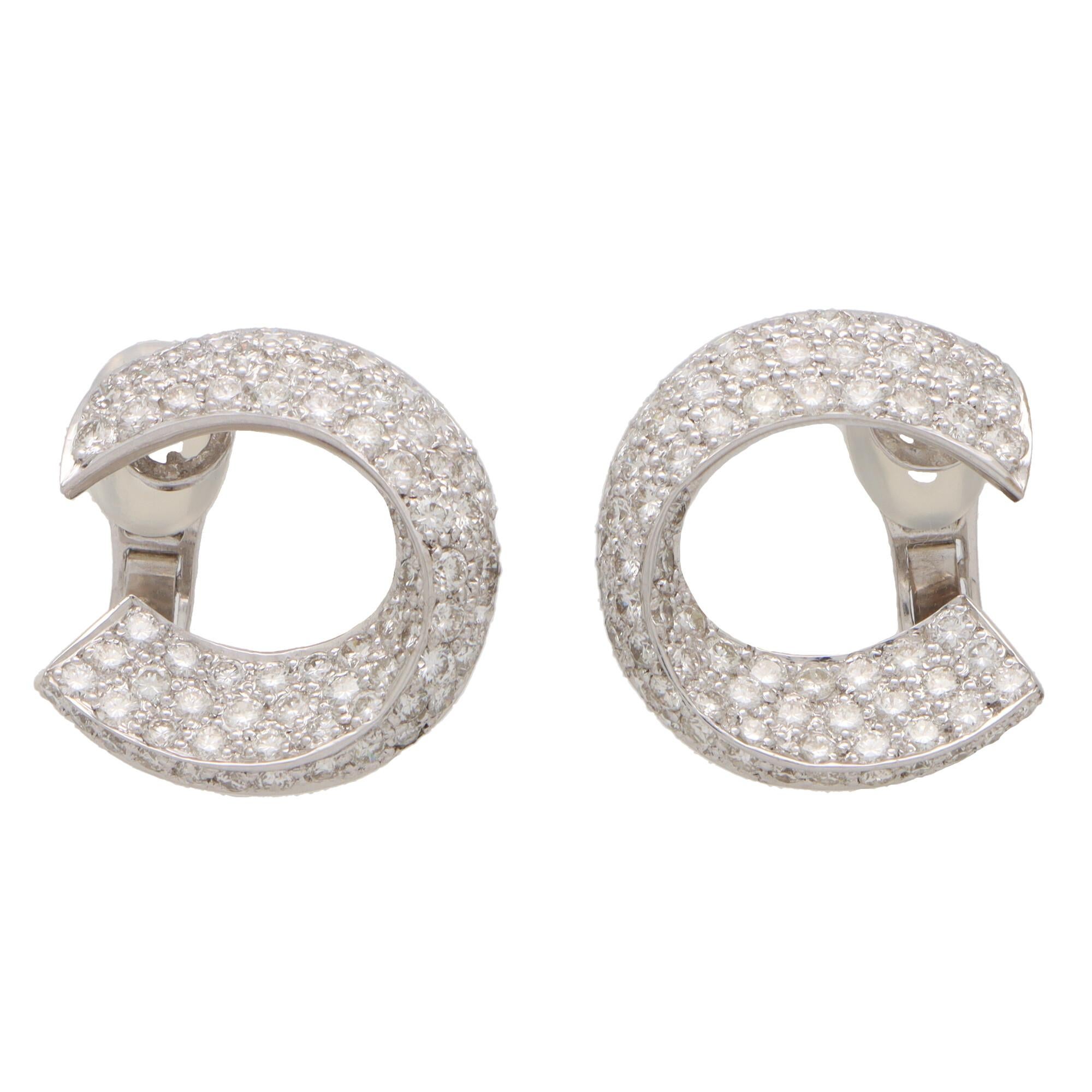 Round Cut Vintage Diamond Twisted Clip on Hoops in 18k White Gold For Sale