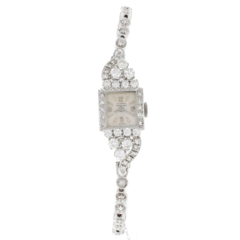 Montre Vintage Croton Nivada Granges Années 1970 - Cadran Diamant, Boîtier Or Blanc 14K - Mécanique