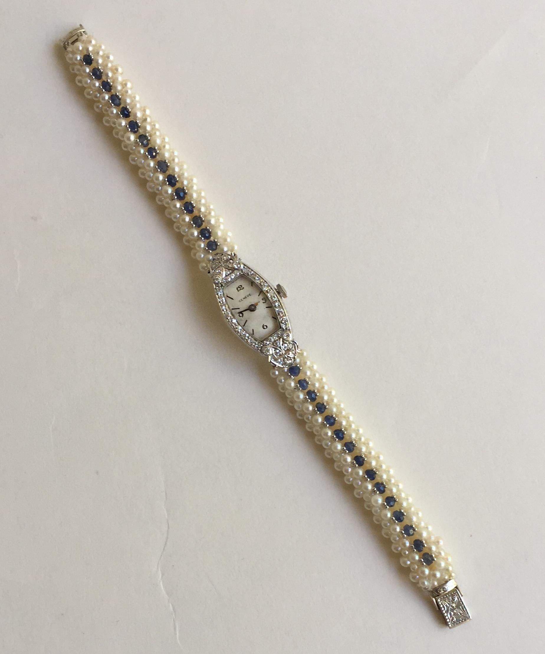Artist Marina J Vintage Diamond Watch with Pearl and Sapphire Band and 14 K White Gold 
