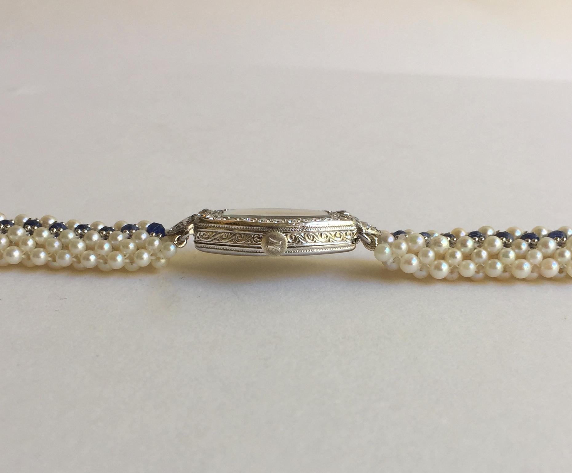 Marina J Vintage Diamond Watch with Pearl and Sapphire Band and 14 K White Gold  In New Condition In Los Angeles, CA