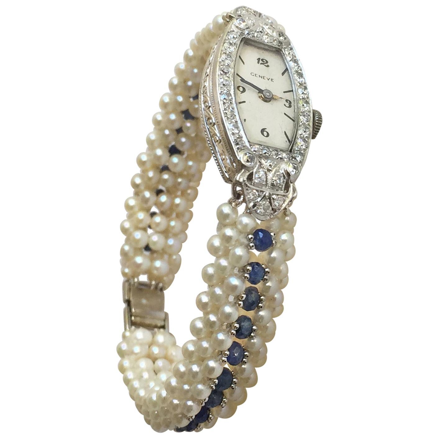 Marina J Vintage Diamond Watch with Pearl and Sapphire Band and 14 K White Gold 