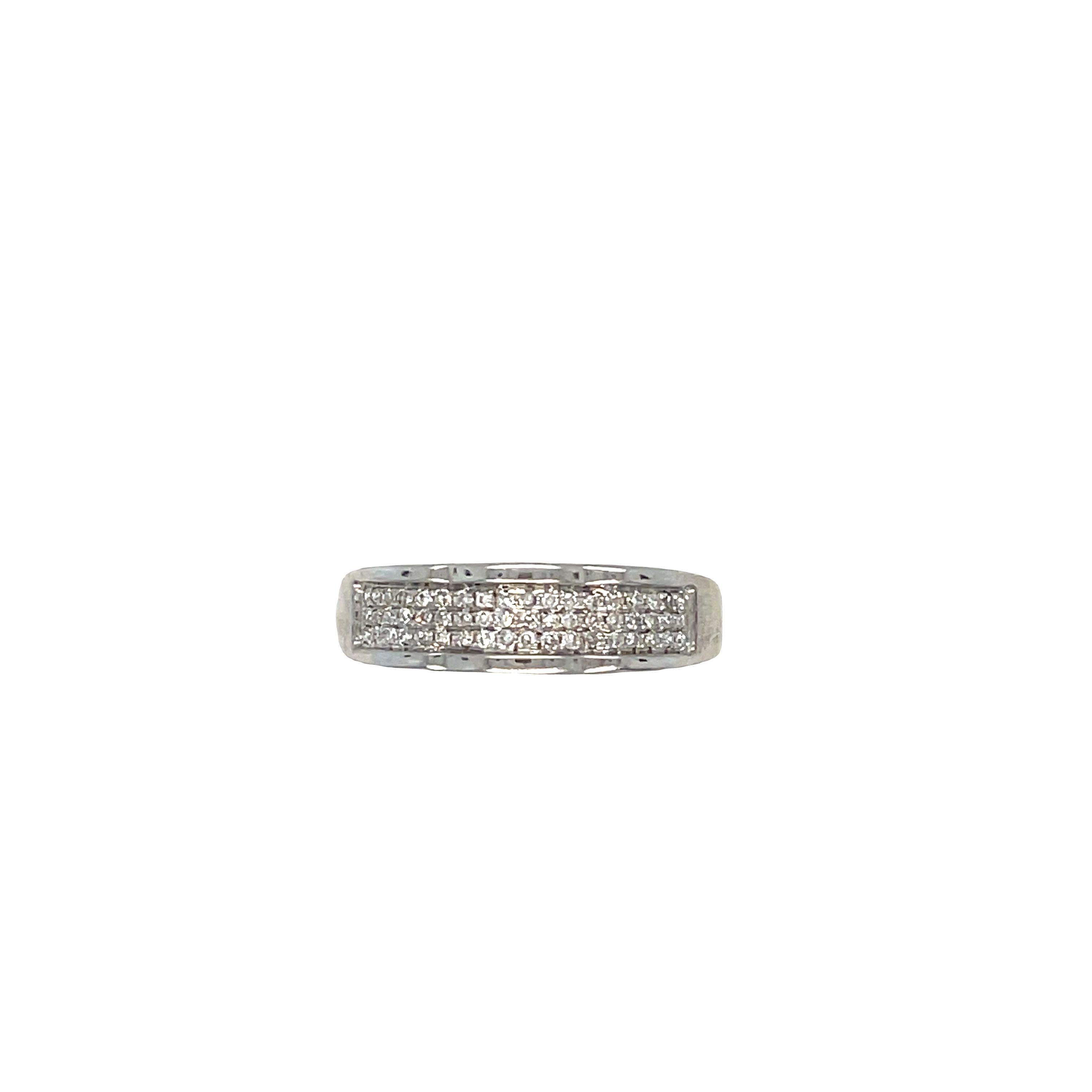 Stunning 14K White Gold Half Eternity Pave-Set Diamond Wedding Band, a symbol of eternal love and beauty. This beautiful band features three rows of eighteen round brilliant-cut diamonds, totaling fifty-four diamonds. The diamonds weigh