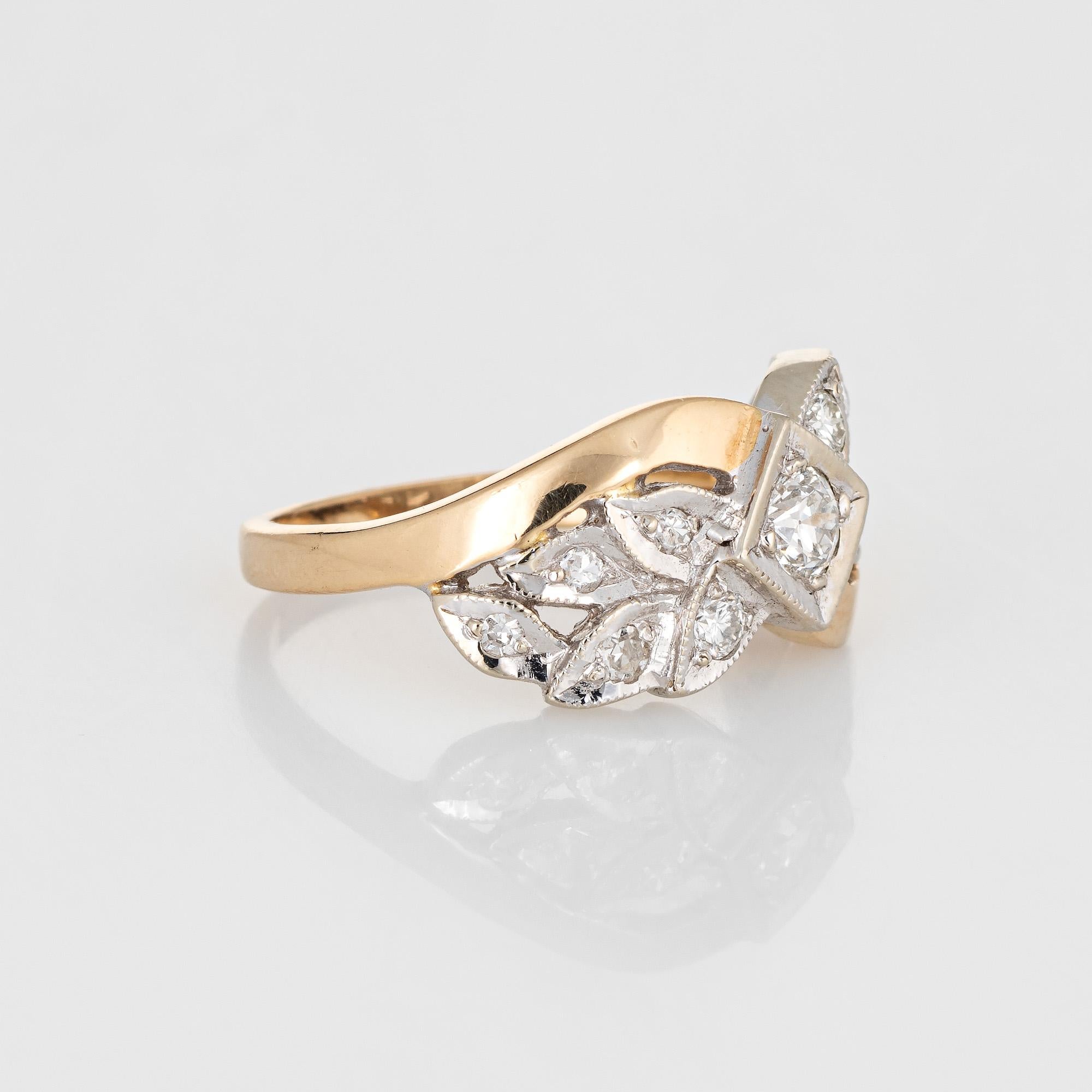 Modern Diamond Wedding Band 14 Karat Gold Two-Tone Ring Leaf Motif Estate Jewelry