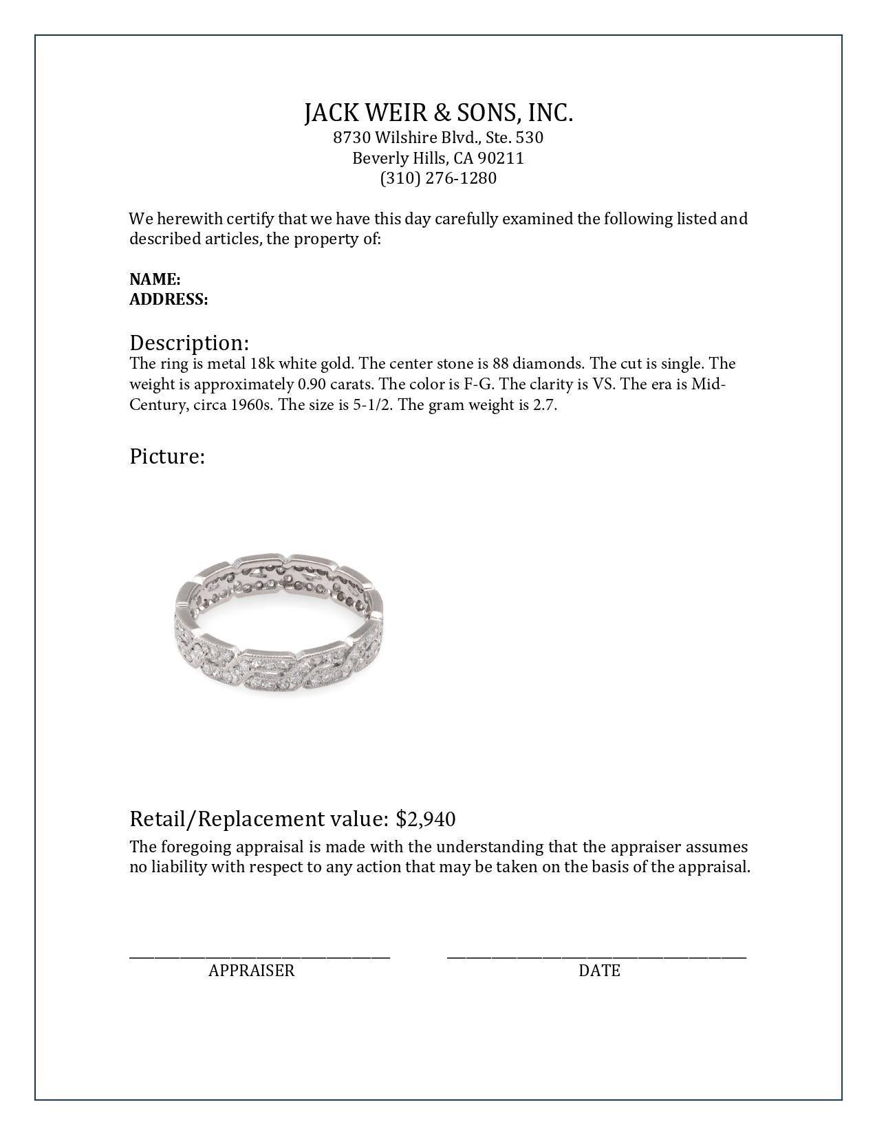Vintage Diamond White Gold Eternity Ring In Excellent Condition For Sale In Beverly Hills, CA