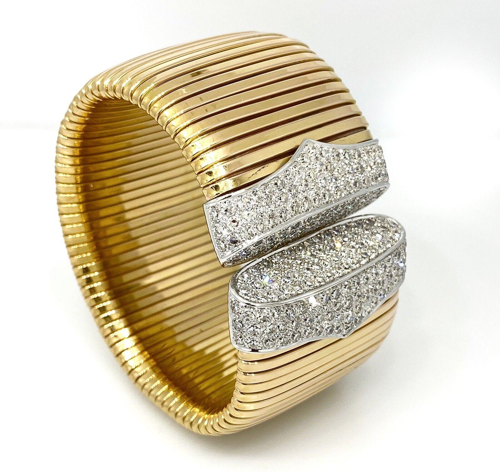 Retro Vintage Diamond Wide Tubogas Cuff Bracelet in 18k Rose & White Gold  For Sale