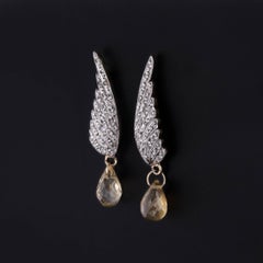 Vintage Diamond Wing Earrings of Platinum and 15k Gold with Citrine