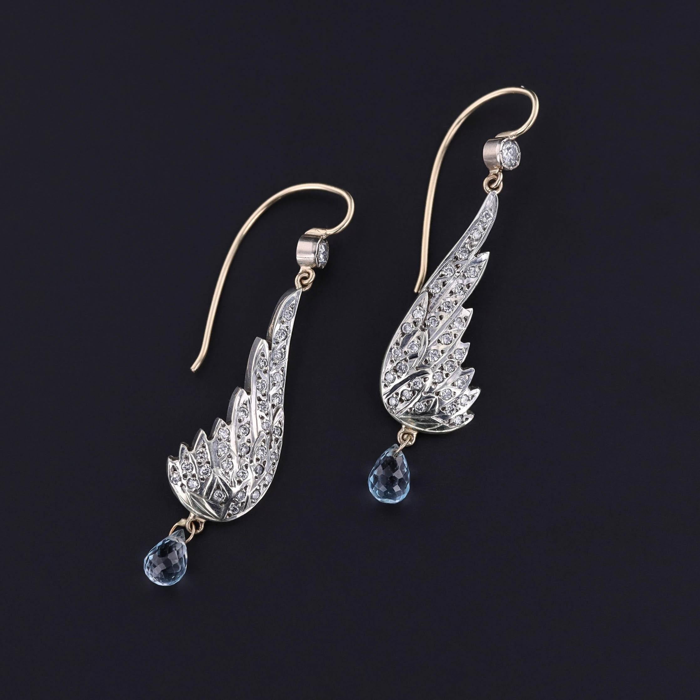 Round Cut Vintage Diamond Wing Earrings with Blue Topaz Briolettes For Sale