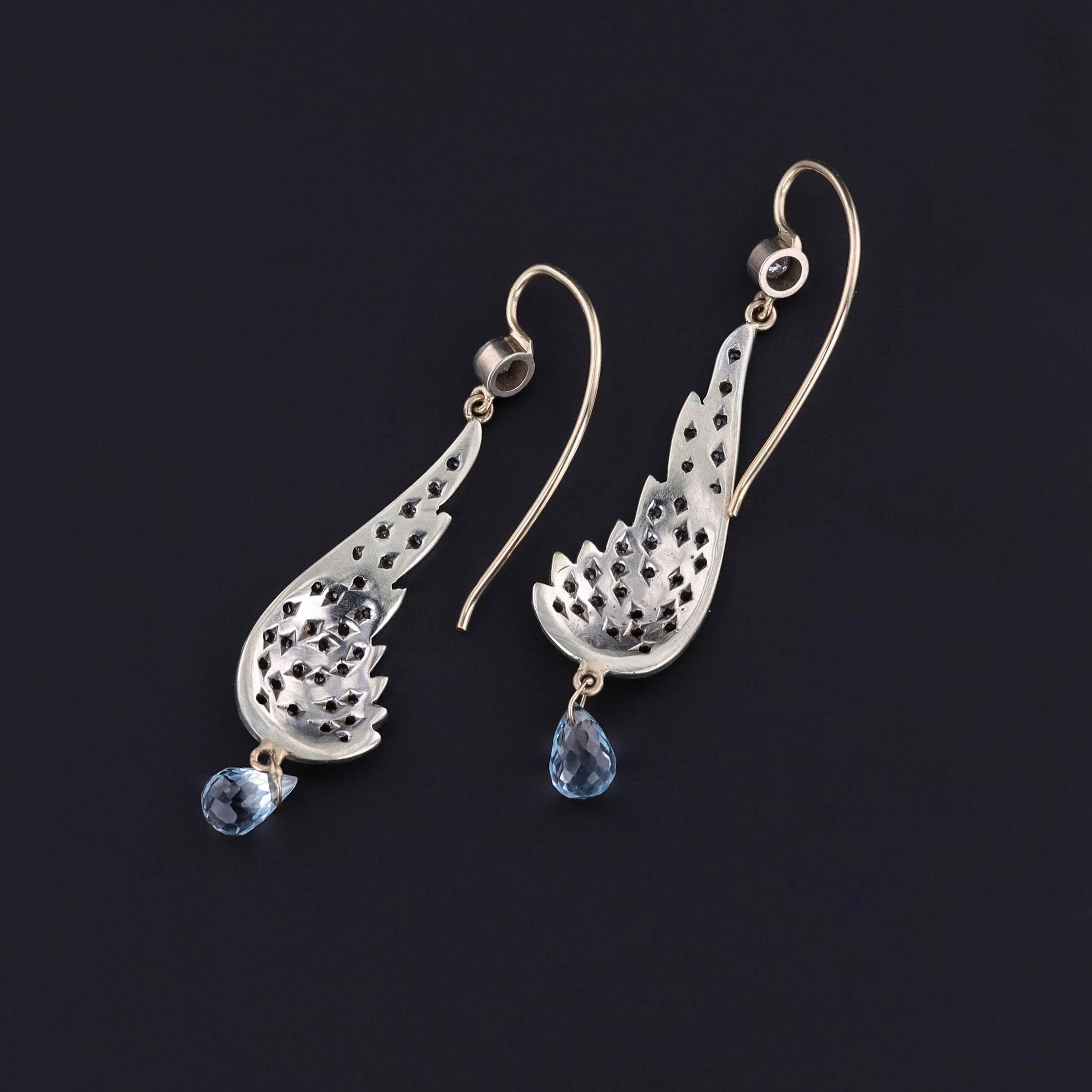 Vintage Diamond Wing Earrings with Blue Topaz Briolettes In Fair Condition For Sale In Lewisburg, PA