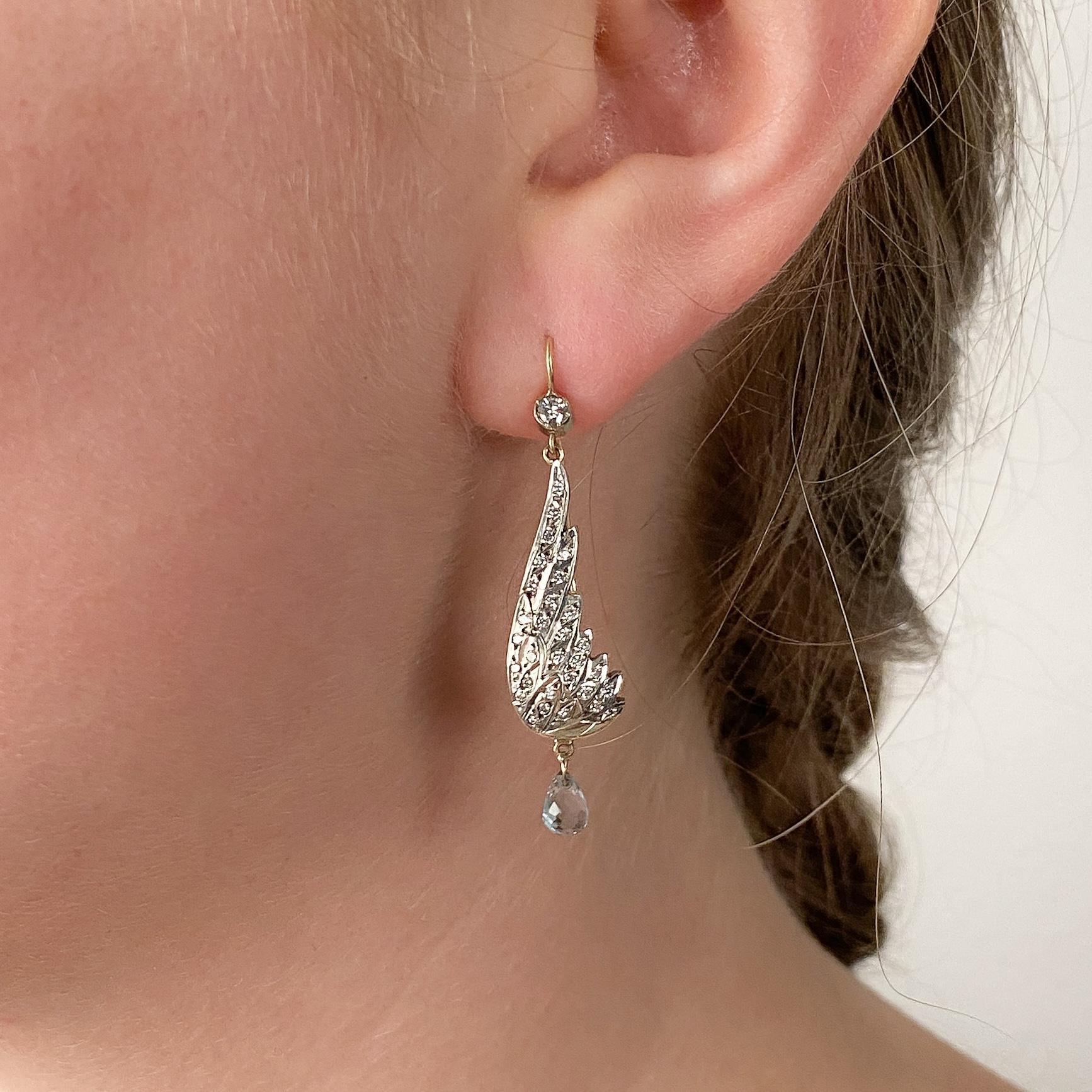 Women's Vintage Diamond Wing Earrings with Blue Topaz Briolettes For Sale