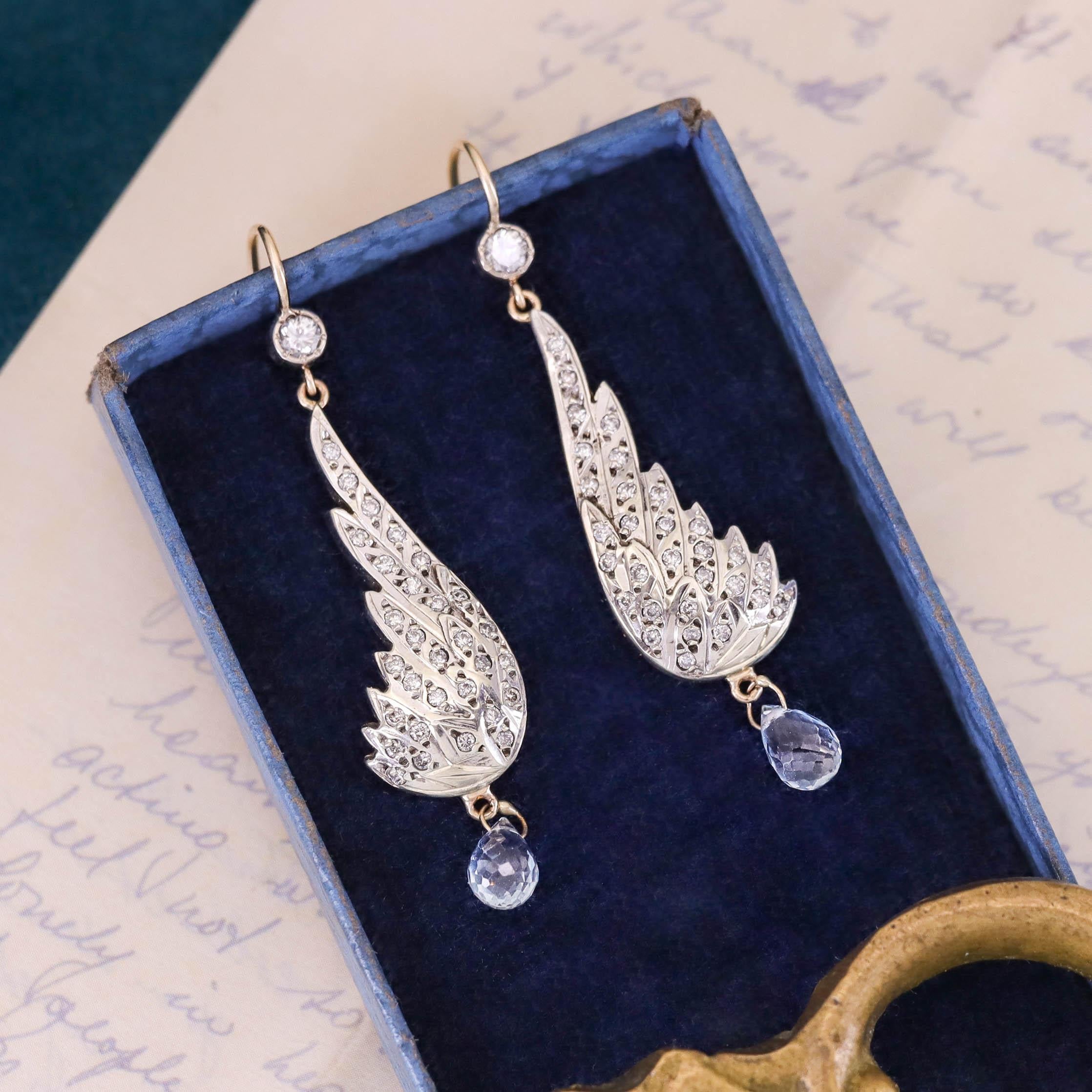 Vintage Diamond Wing Earrings with Blue Topaz Briolettes For Sale 1