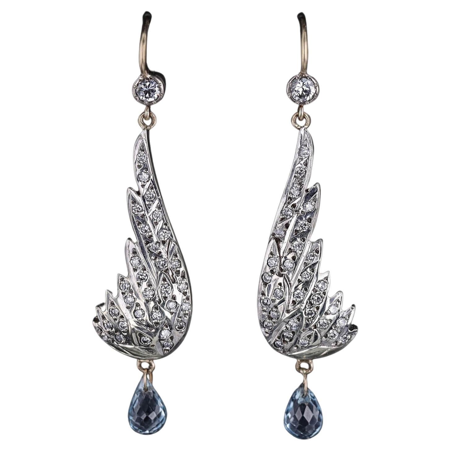 Vintage Diamond Wing Earrings with Blue Topaz Briolettes For Sale