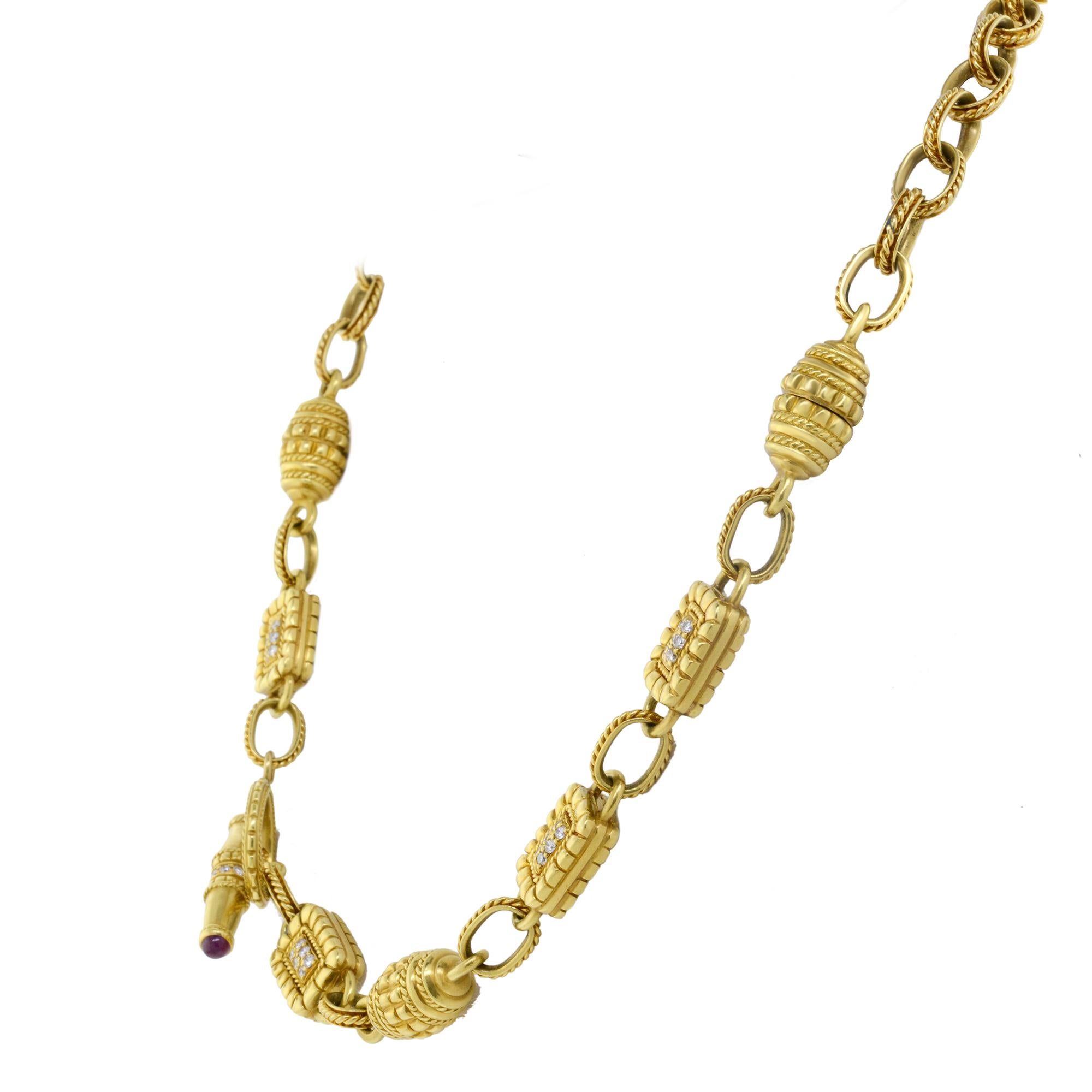 Retro jewels don't come much cooler than this remarkable necklace slash bracelet from the fabulous seventies. A rope like chain design with diamond accented stations and cabochon rubies at the end of the lock. This necklace turns into a lovely