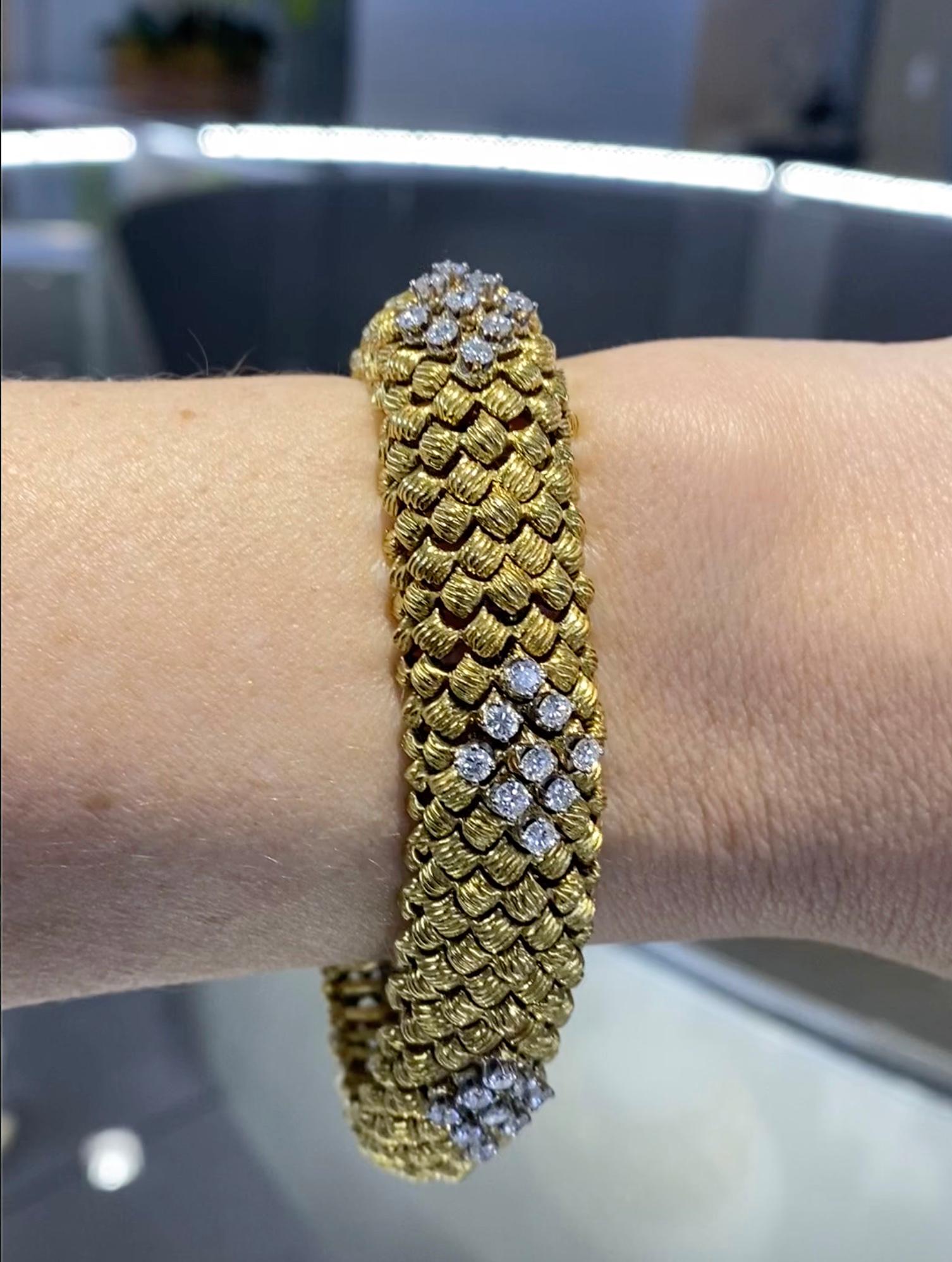Pulsera flexible de oro tejida con diamantes vintage en venta 2