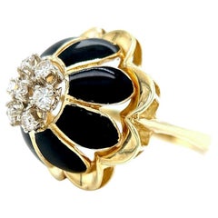 Vintage Diamond Yellow Gold Black Enamel Flower Cocktail Ring