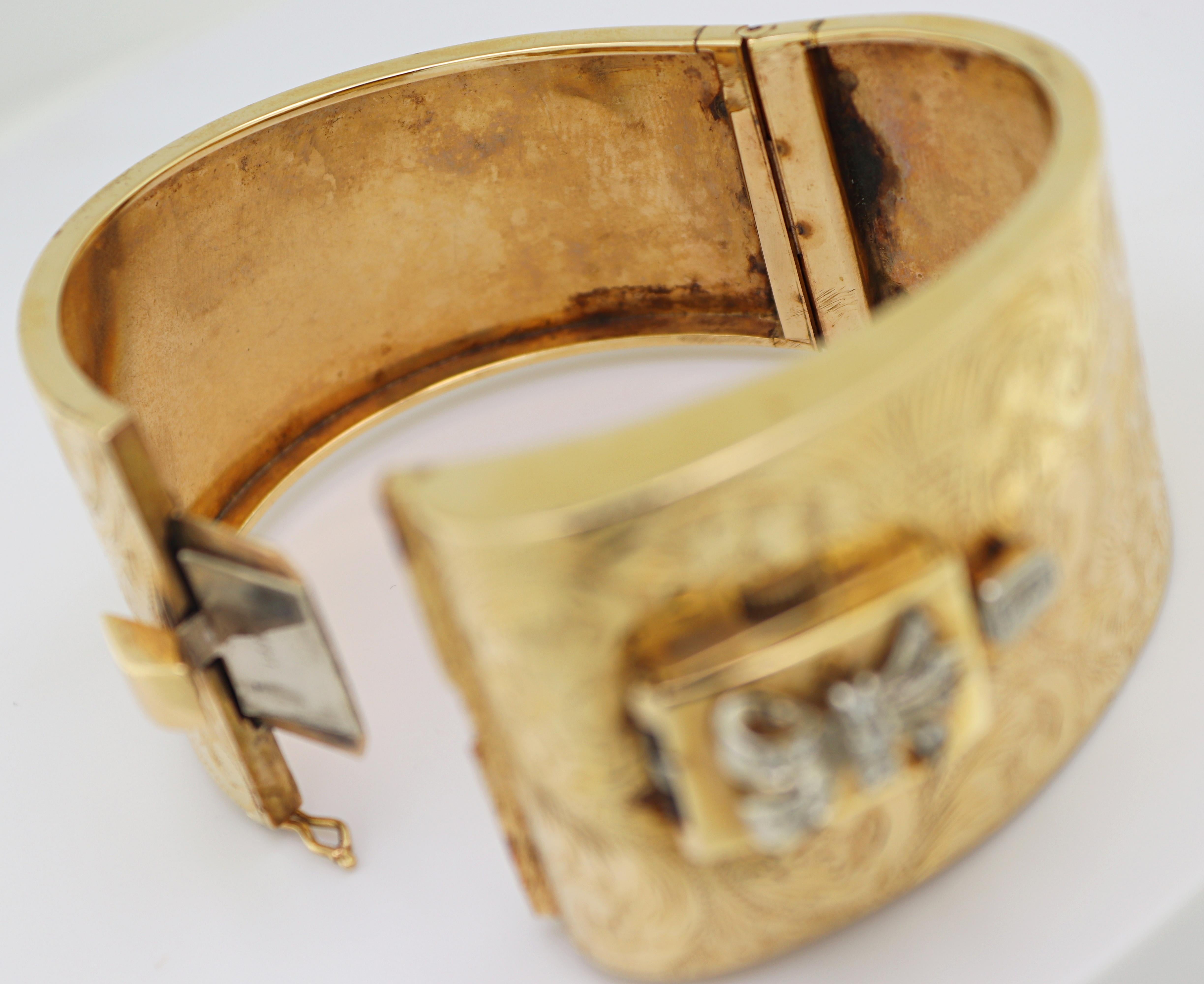Vintage Diamond, Yellow Gold Covered Wristwatch Bangle For Sale 4