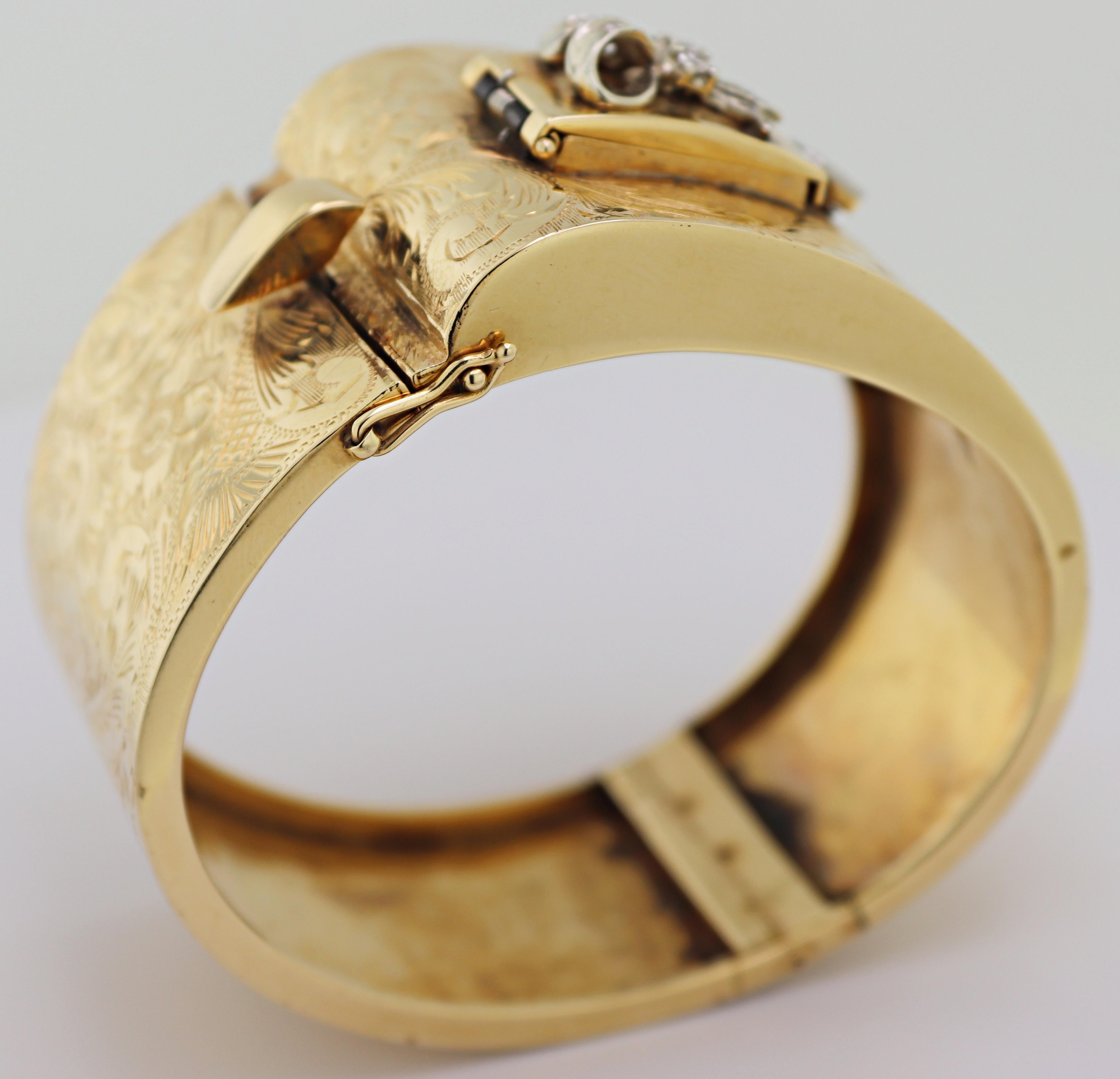 Vintage Diamond, Yellow Gold Covered Wristwatch Bangle For Sale 6
