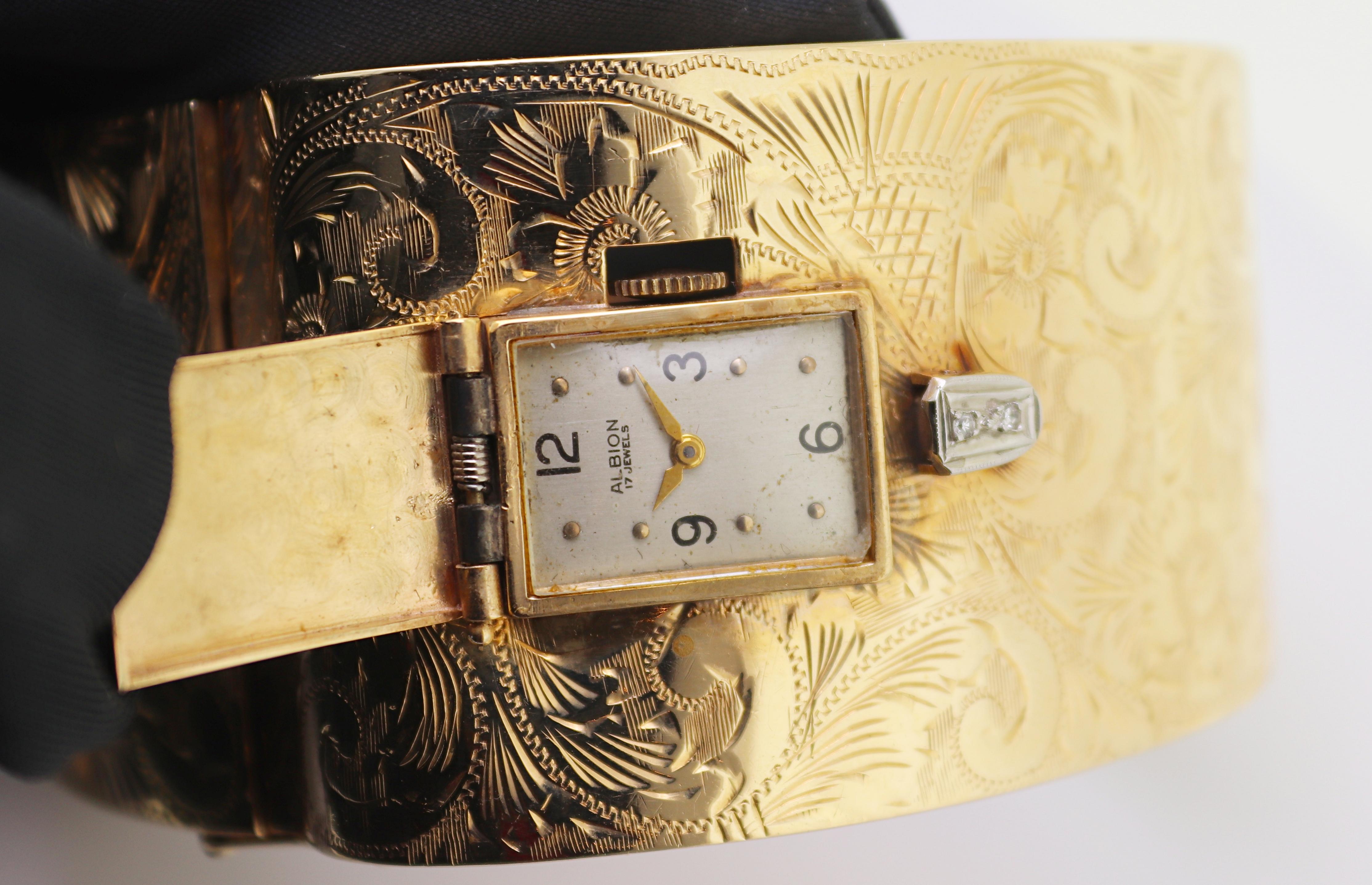 Vintage Diamond, Yellow Gold Covered Wristwatch Bangle For Sale 9