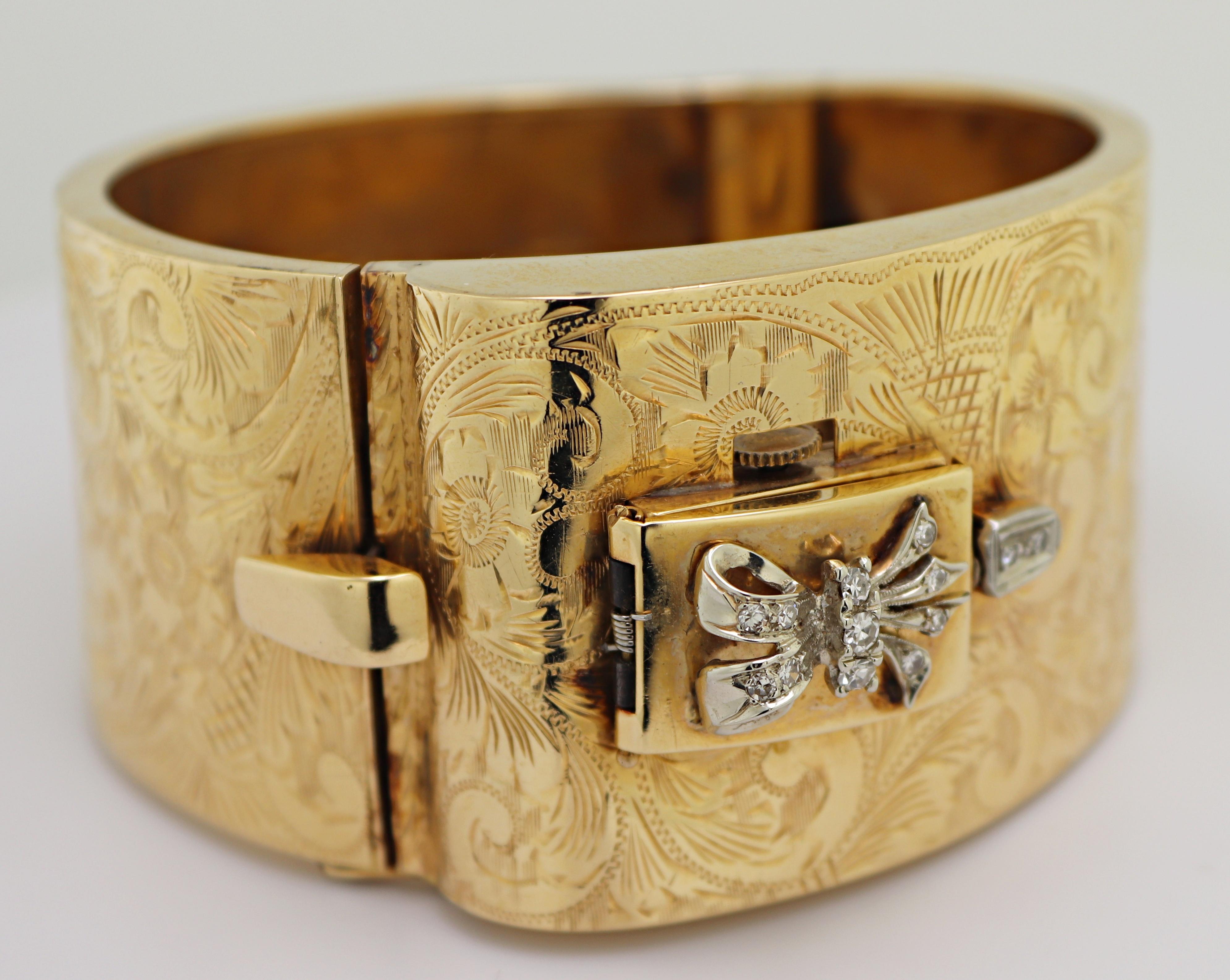 Artisan Vintage Diamond, Yellow Gold Covered Wristwatch Bangle For Sale