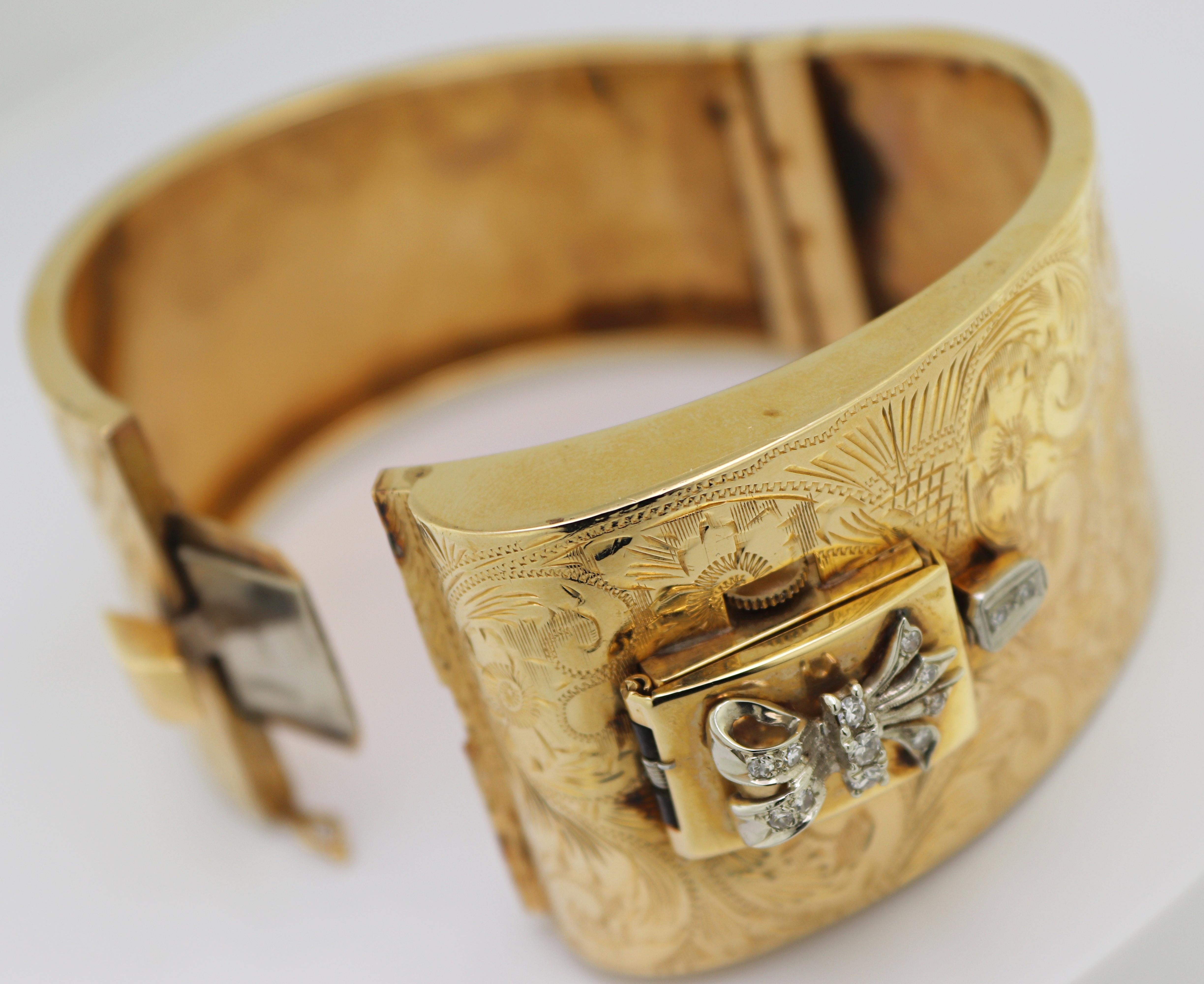 Vintage Diamond, Yellow Gold Covered Wristwatch Bangle For Sale 3