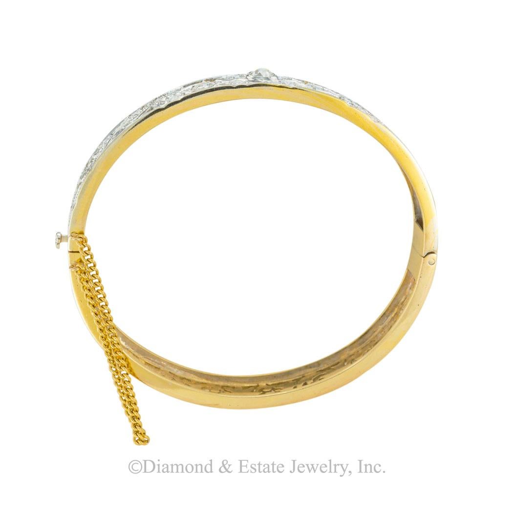 Arts and Crafts Vintage Diamond Yellow Gold Hinged Bangle Bracelet