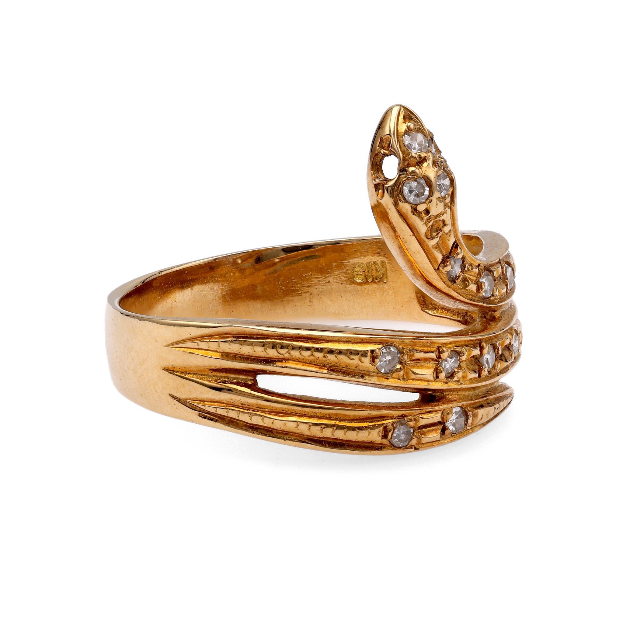 Single Cut Vintage Diamond Yellow Gold Snake Ring