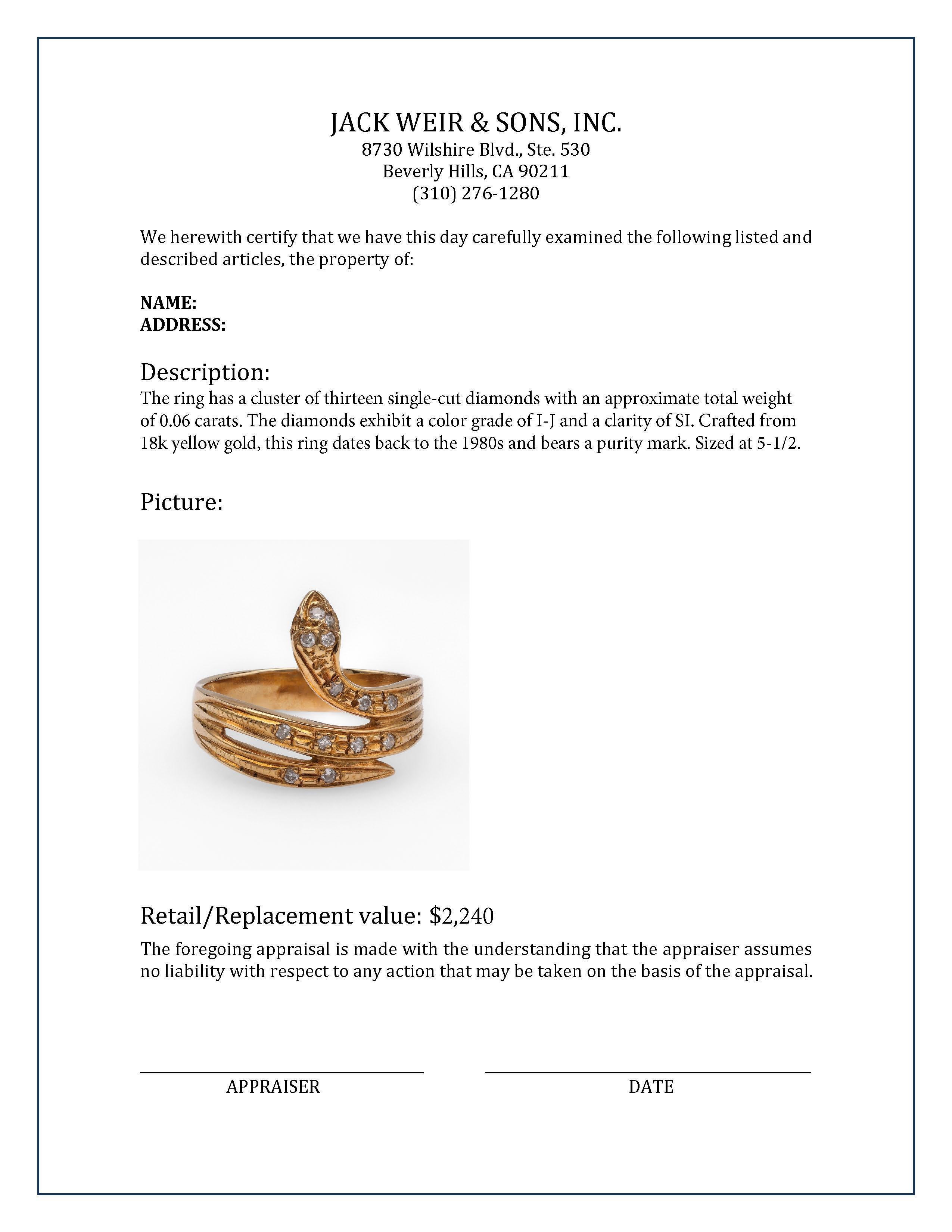 Women's or Men's Vintage Diamond Yellow Gold Snake Ring