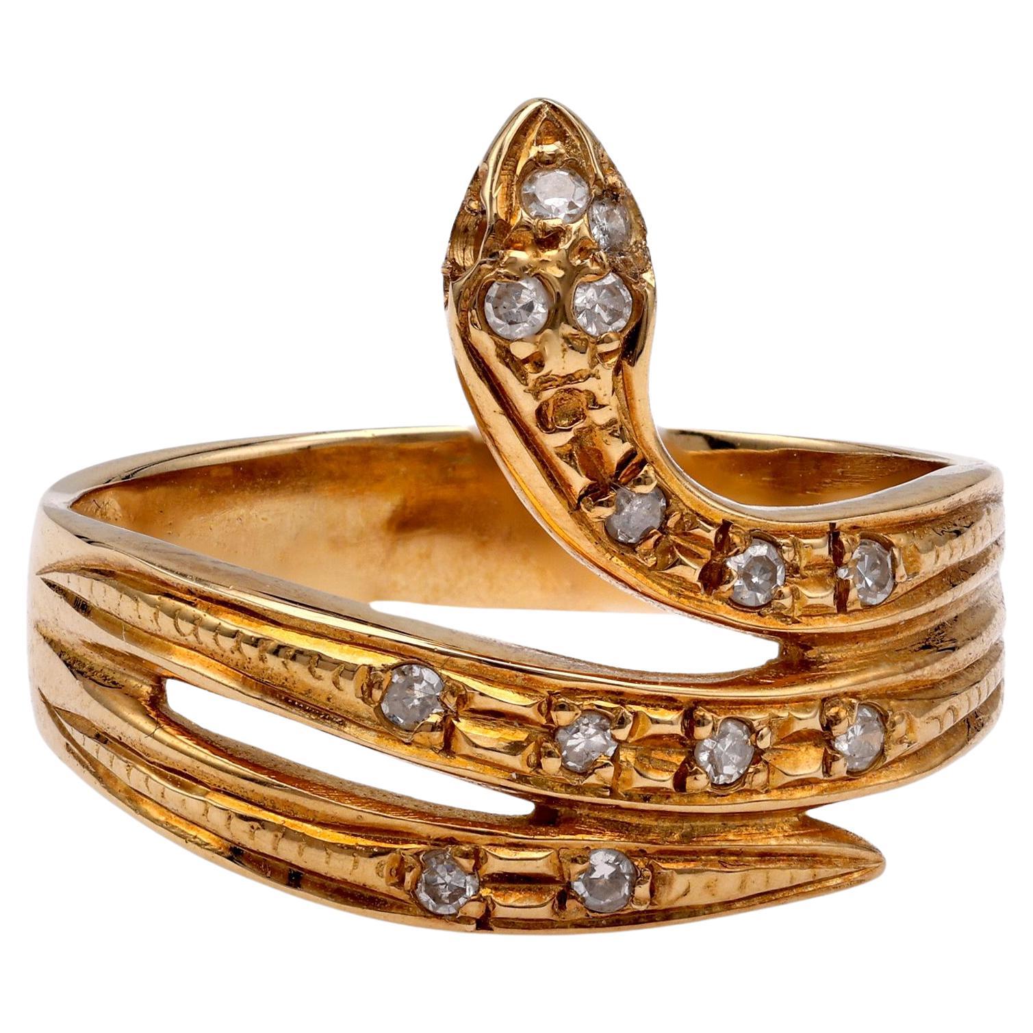 Vintage Diamond Yellow Gold Snake Ring