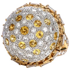 Vintage Diamond Yellow Sapphire Platinum 18 Karat Gold Dome Cocktail Ring